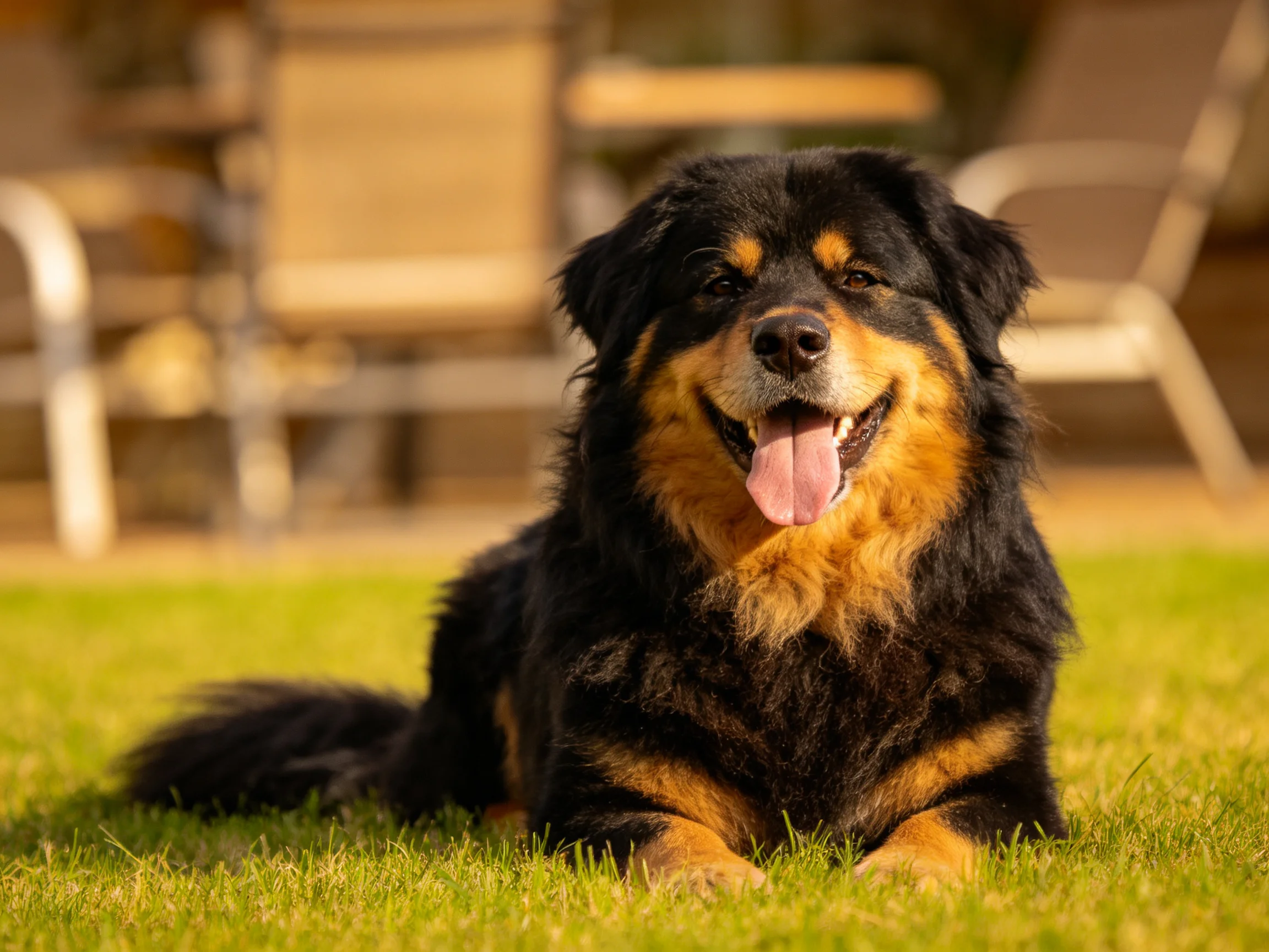 A black and tan dog relaxes contentedly on lush green grass near patio chairs