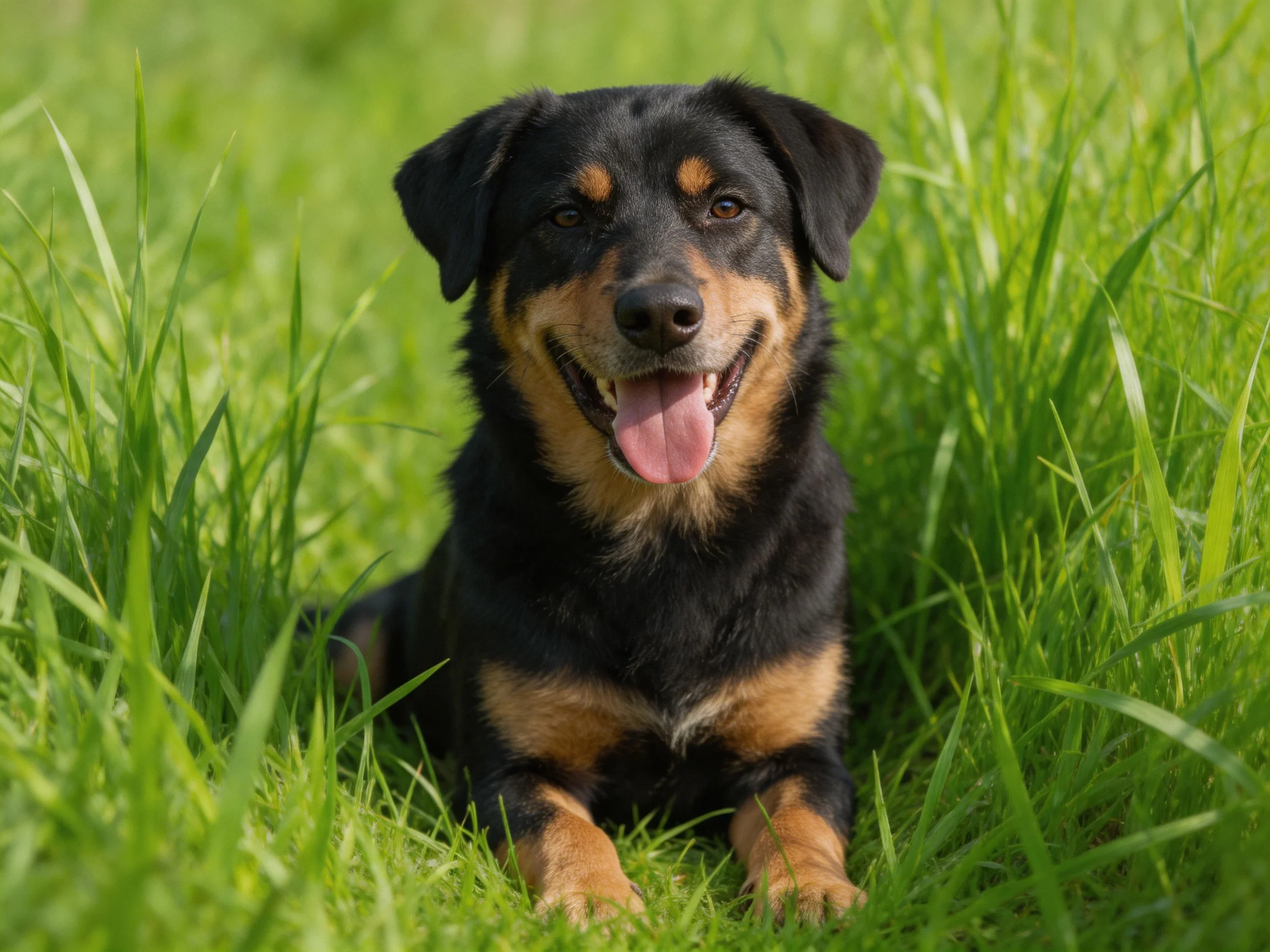 A black and tan dog sits happily surrounded by lush green grass.