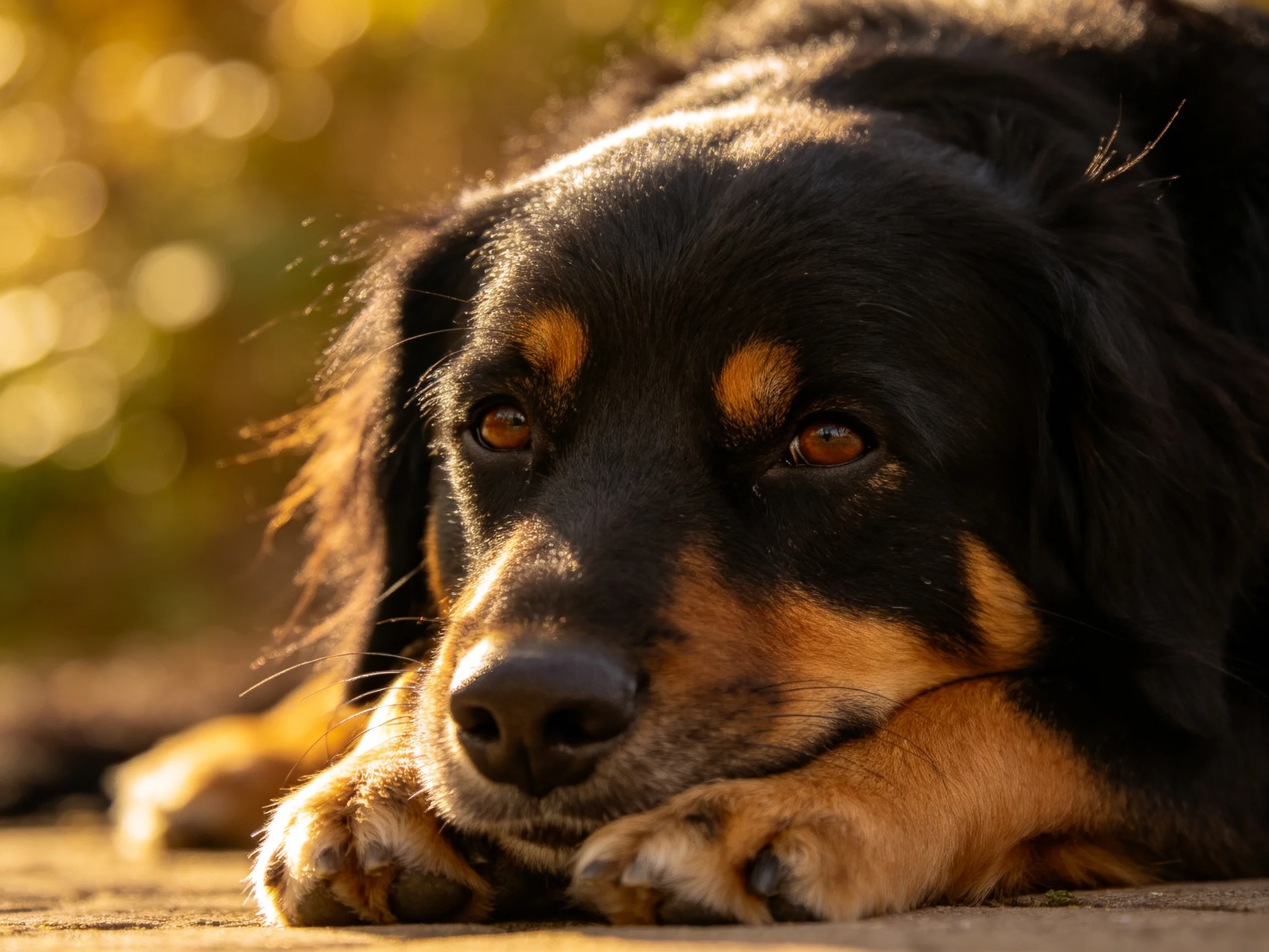 A black and tan dog relaxes in warm golden sunlight