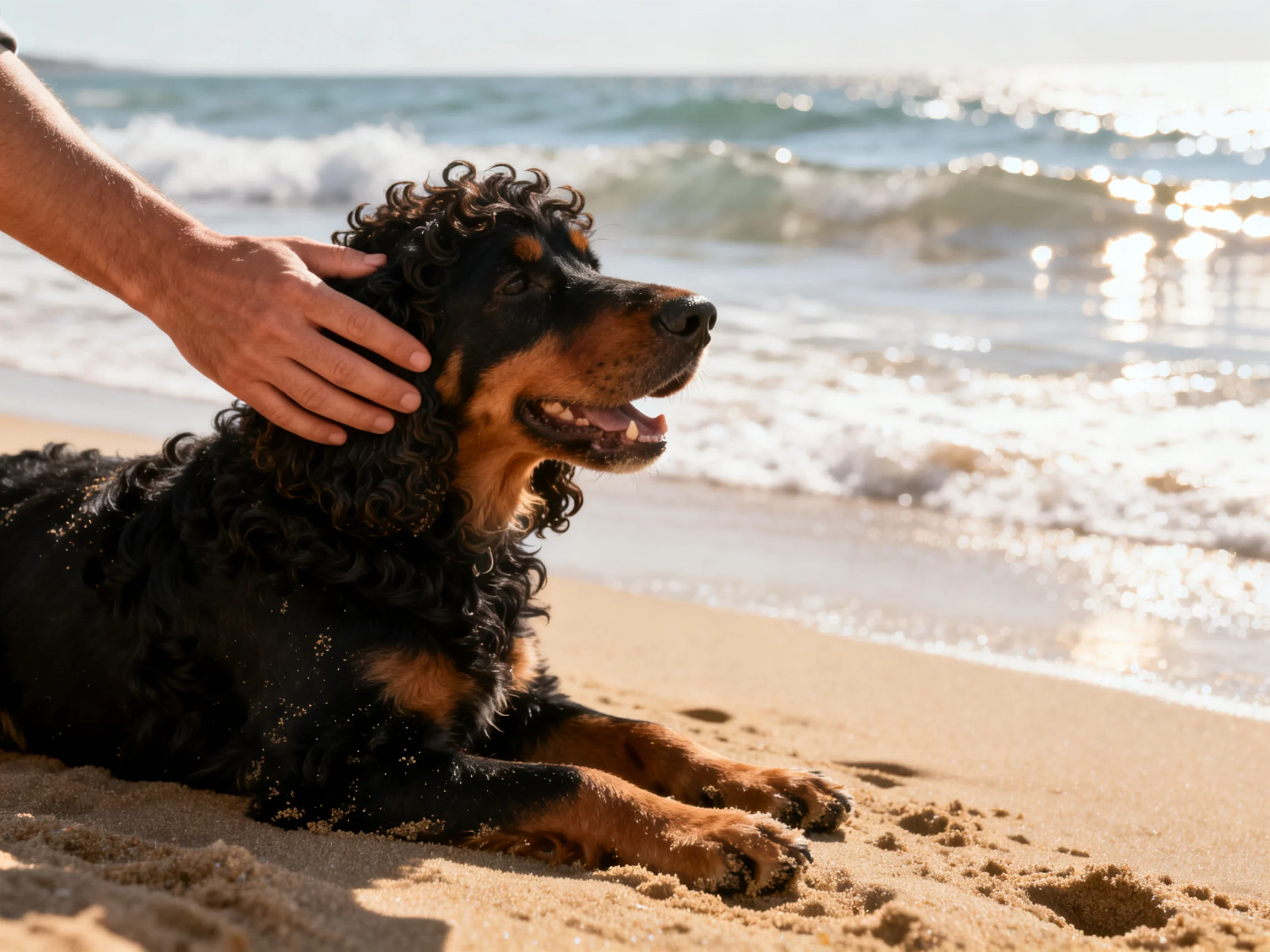 A black and tan dog relaxes on sandy beach near ocean waves