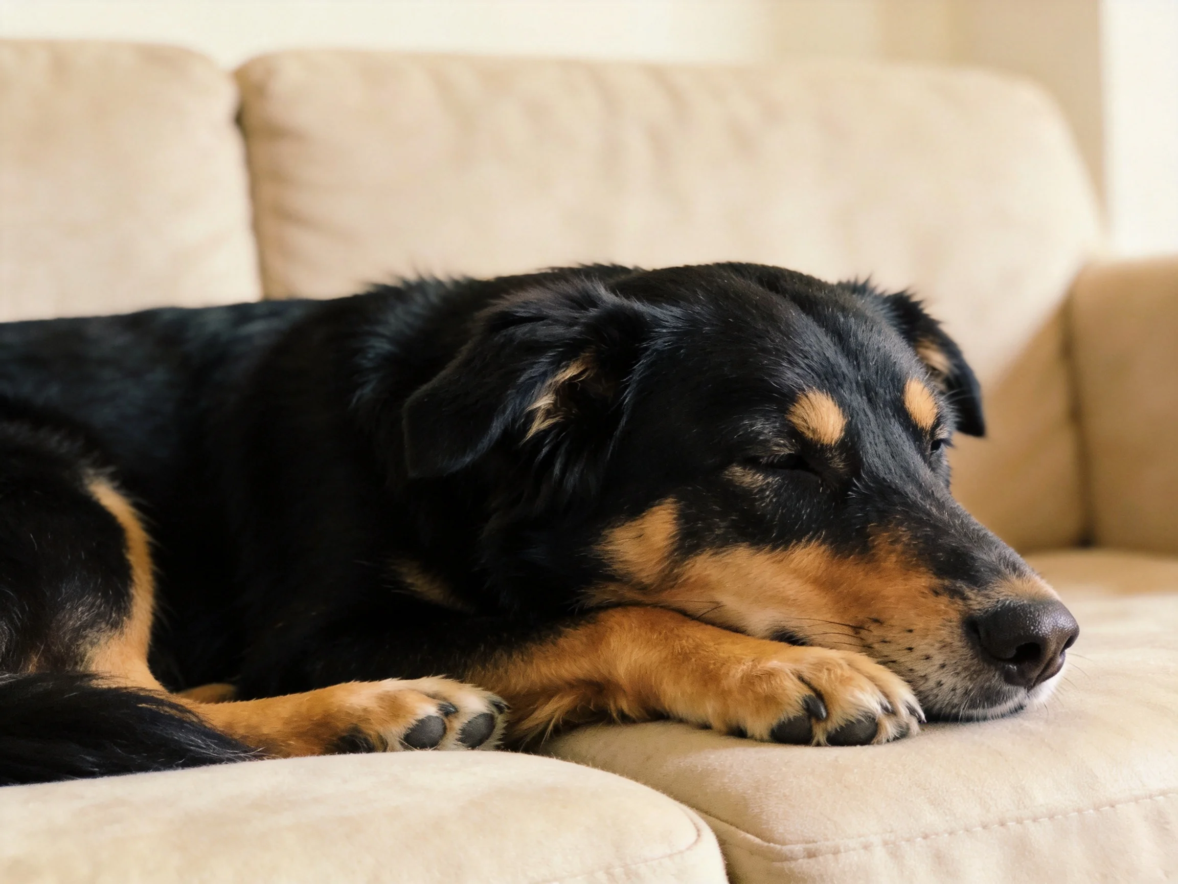 A black and tan dog resting on a beige couch
