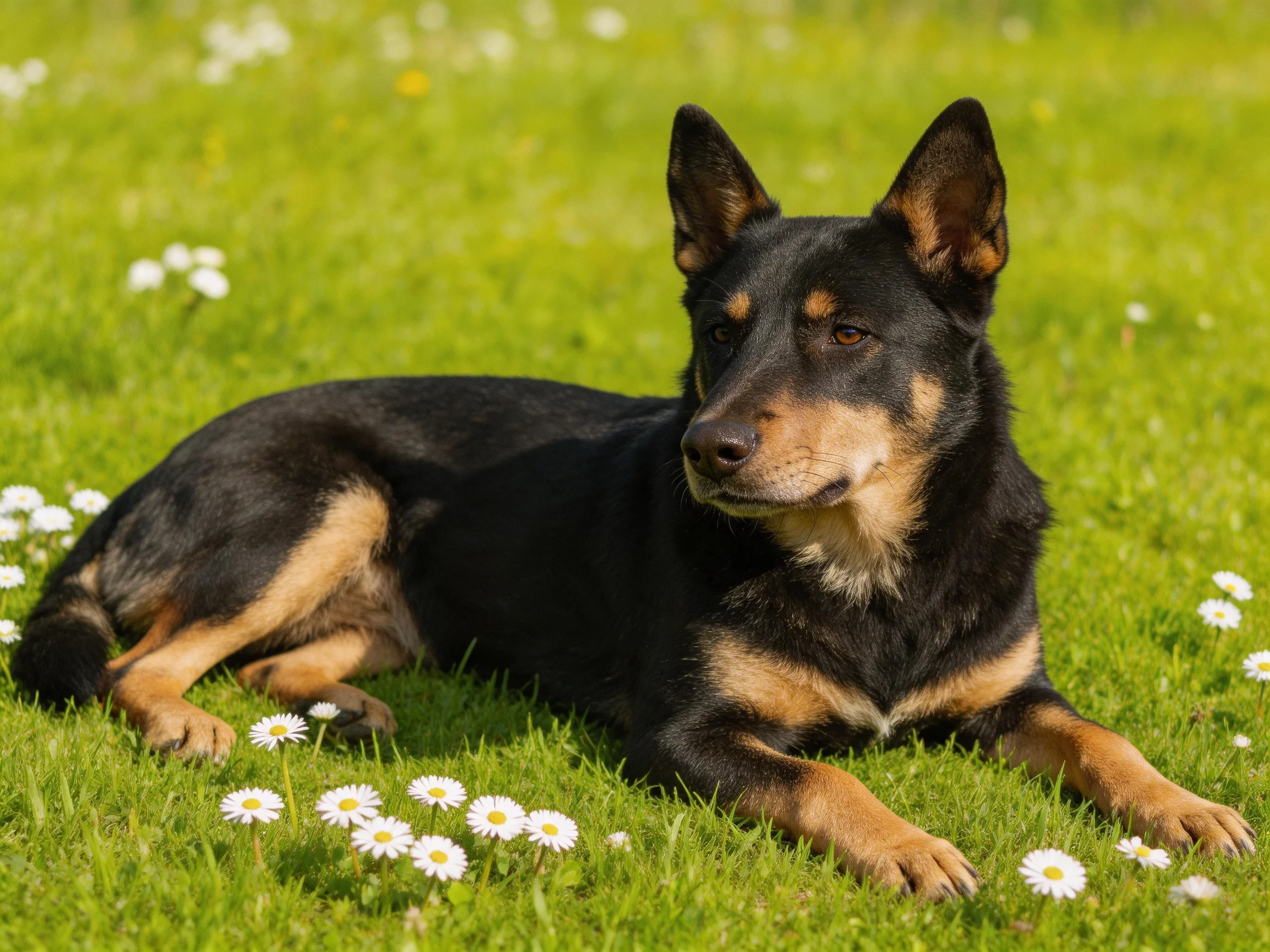 A black and tan dog relaxes on green grass surrounded by white daisies.
