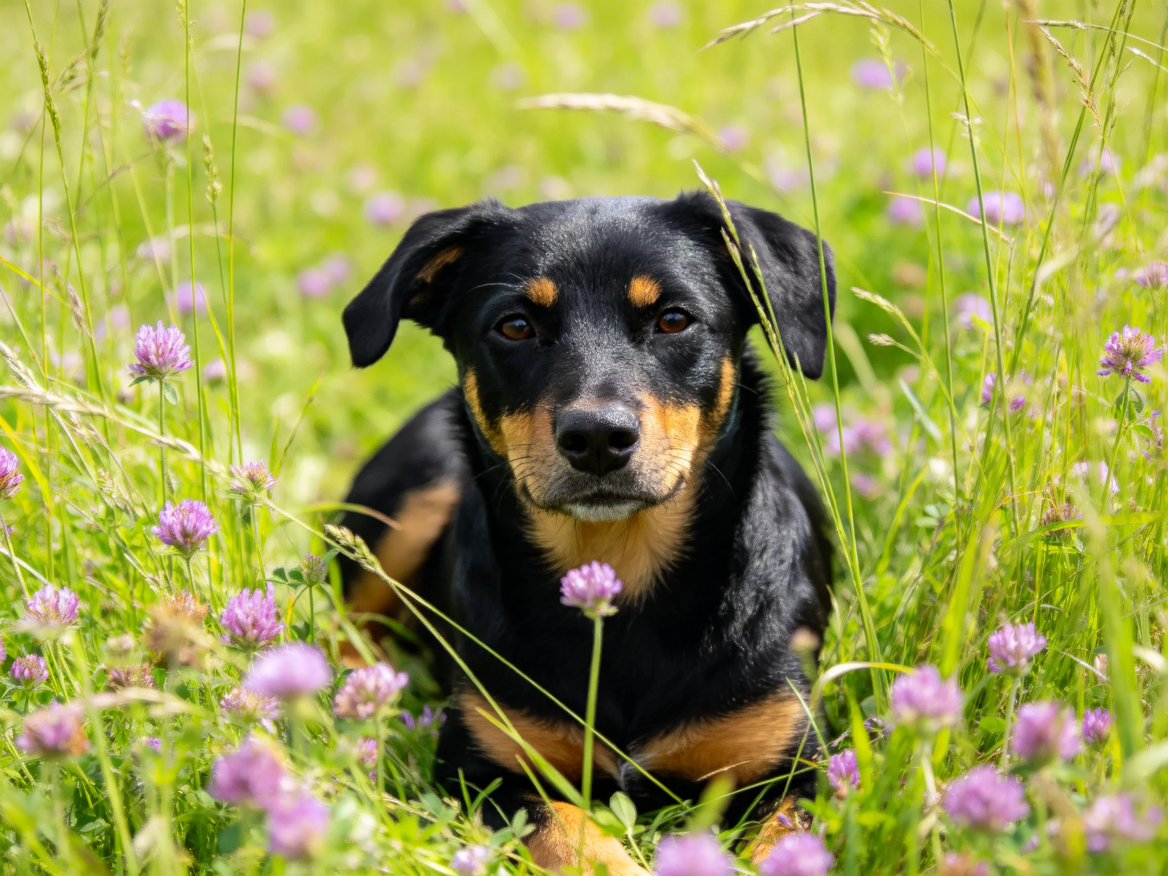 A black and tan dog sits calmly among purple wildflowers in a green meadow.