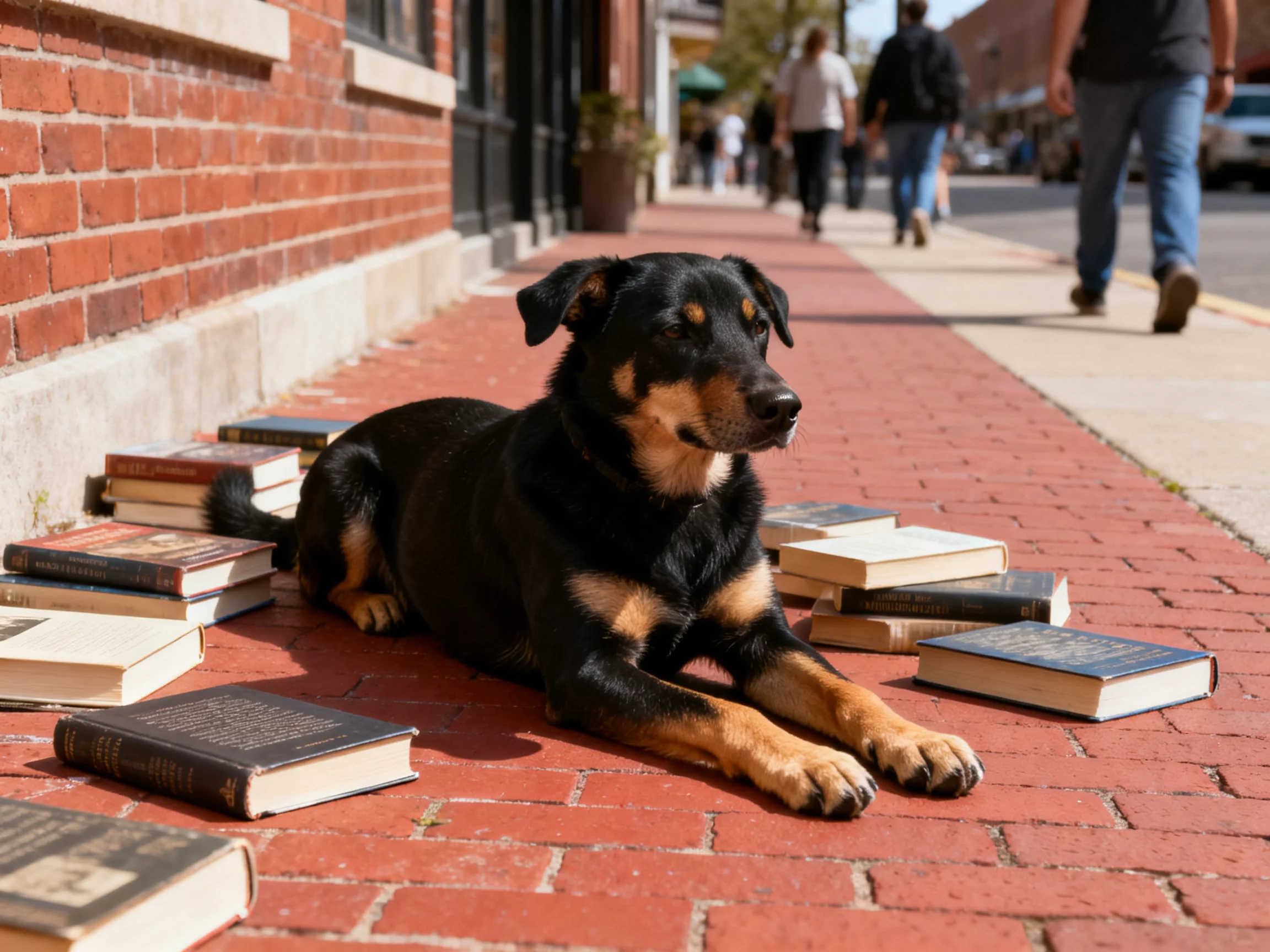 A dog relaxes among books on a brick sidewalk with pedestrians nearby.