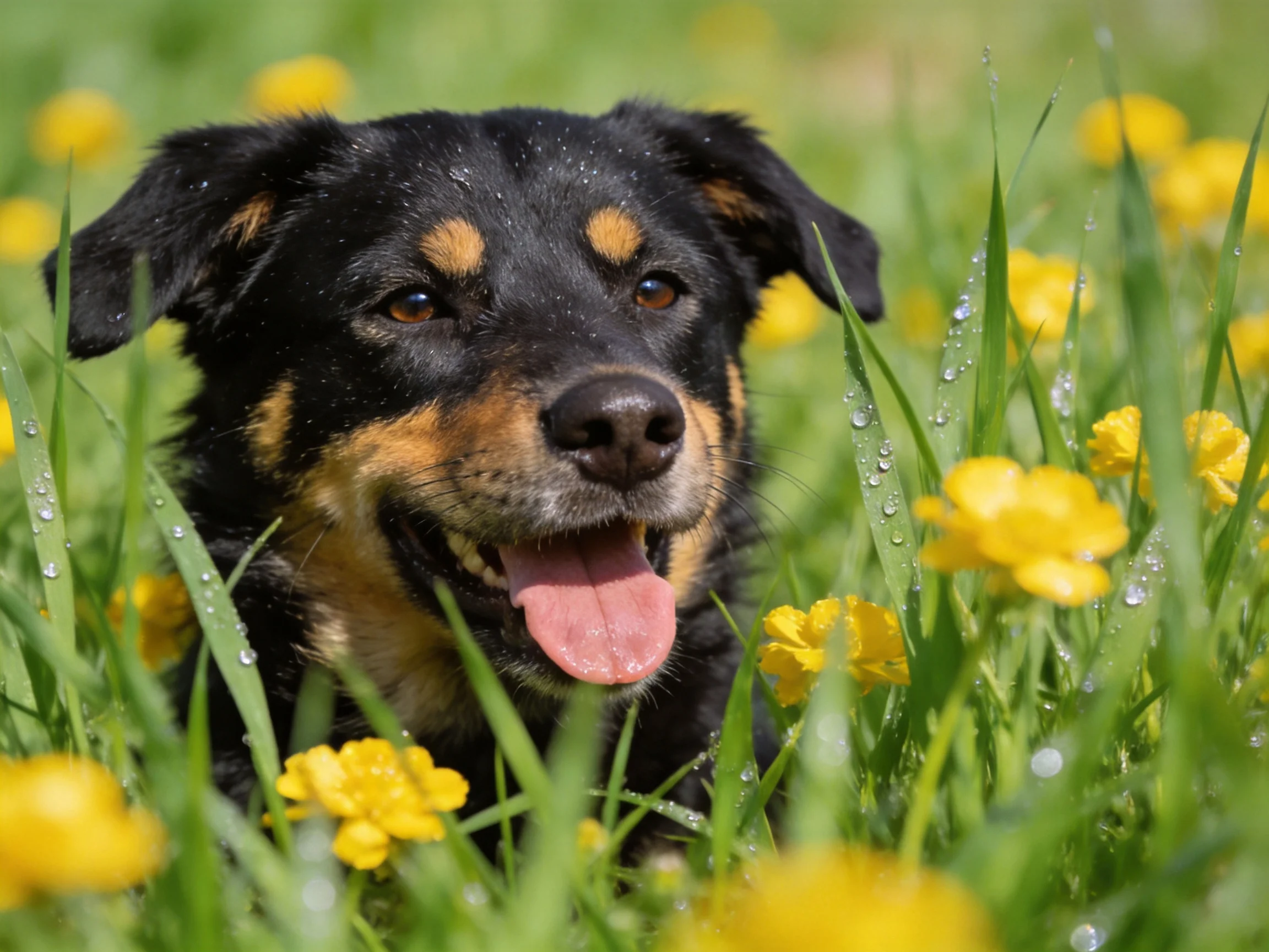 A black and tan dog enjoys a peaceful moment among yellow flowers and green grass.