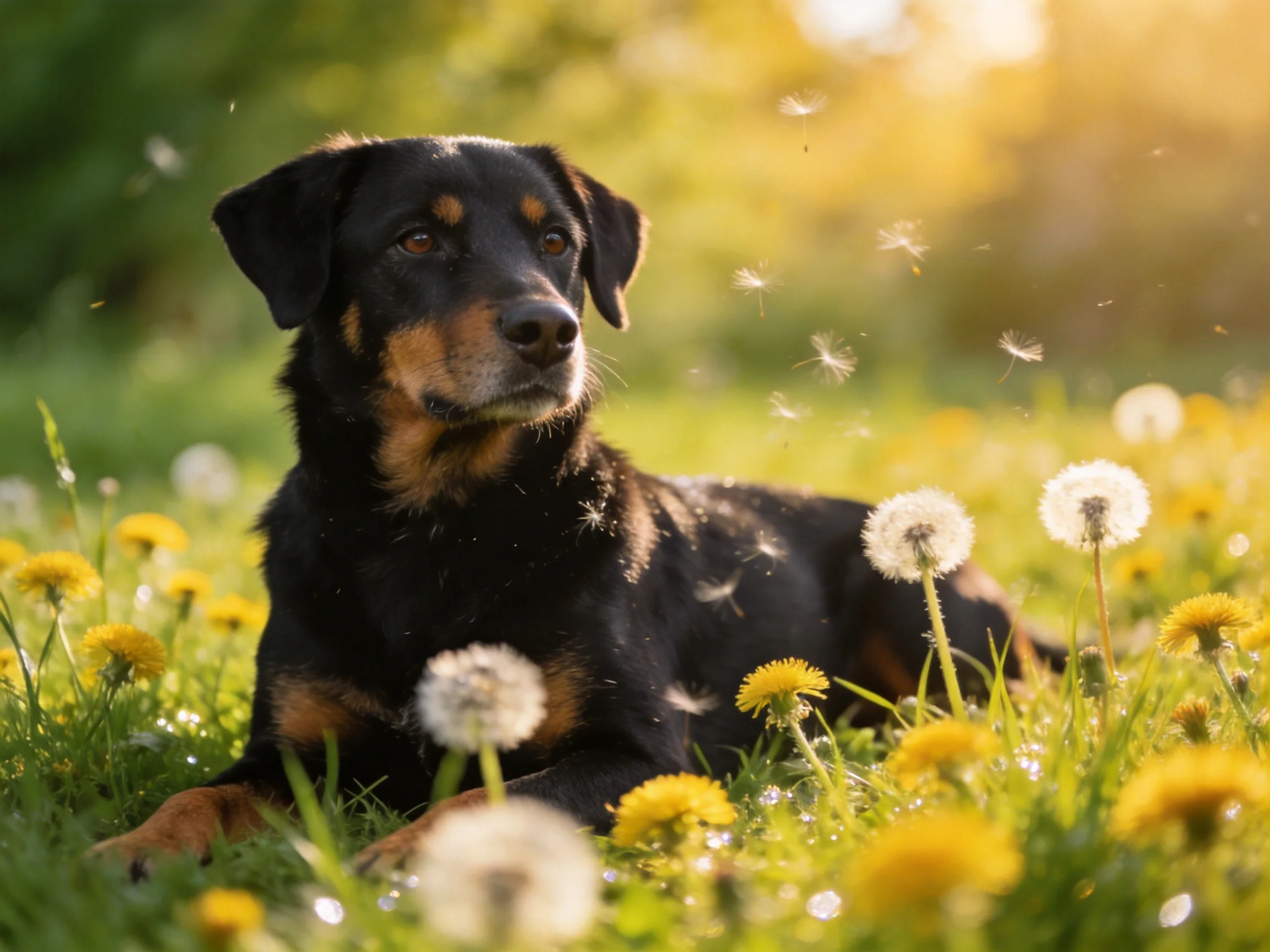 A black and tan dog relaxes in a sunlit meadow filled with daisies and dandelions.