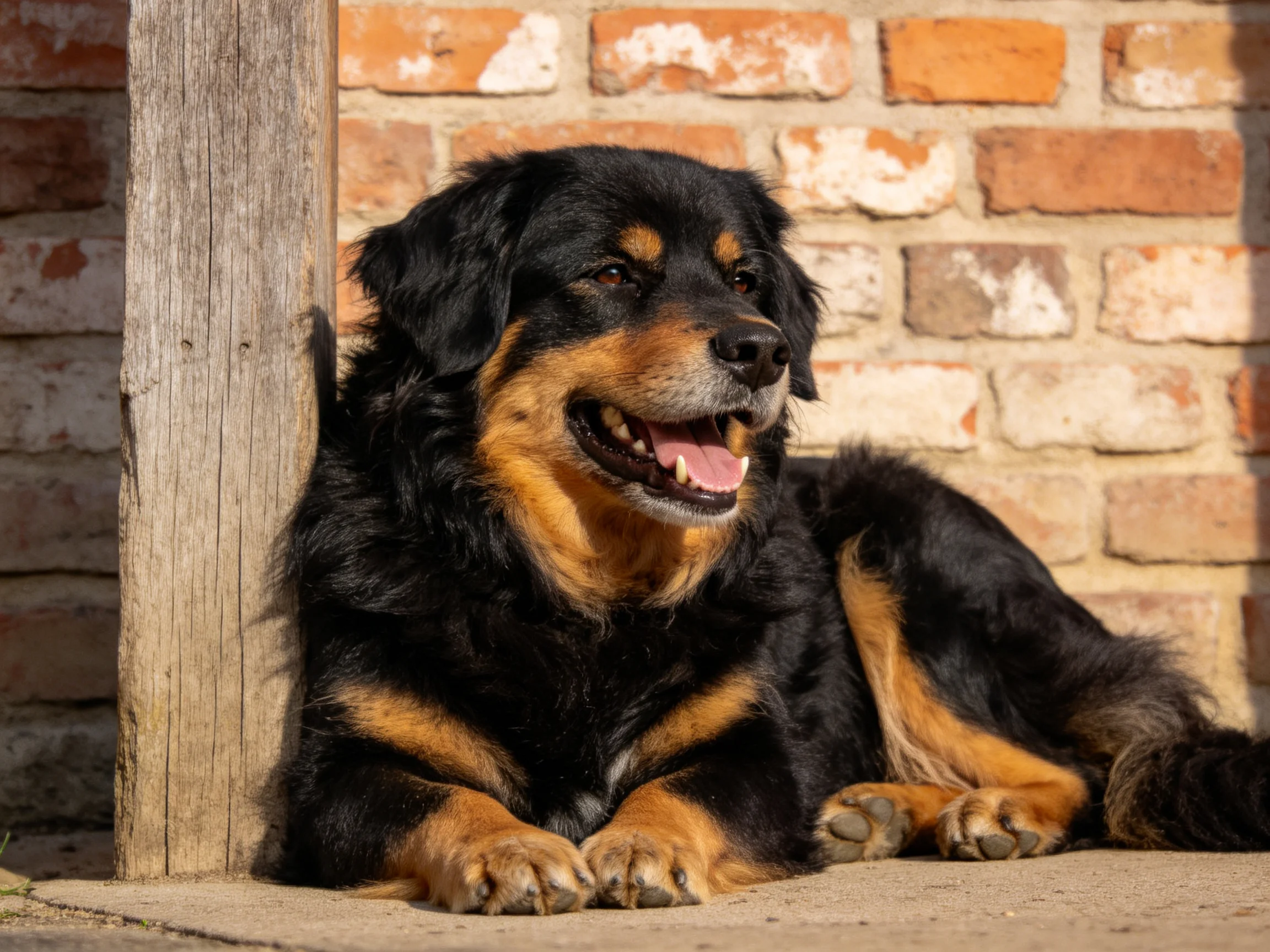 A black and tan dog relaxes near a wooden post by a brick wall.