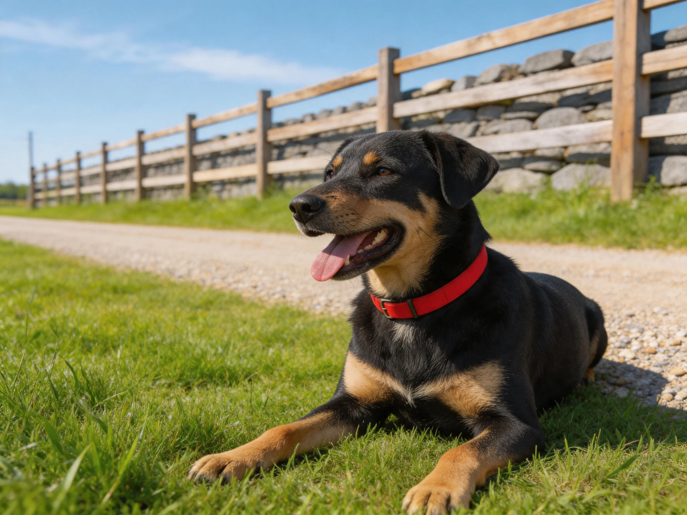 A black and tan dog relaxes near a wooden fence on green grass.
