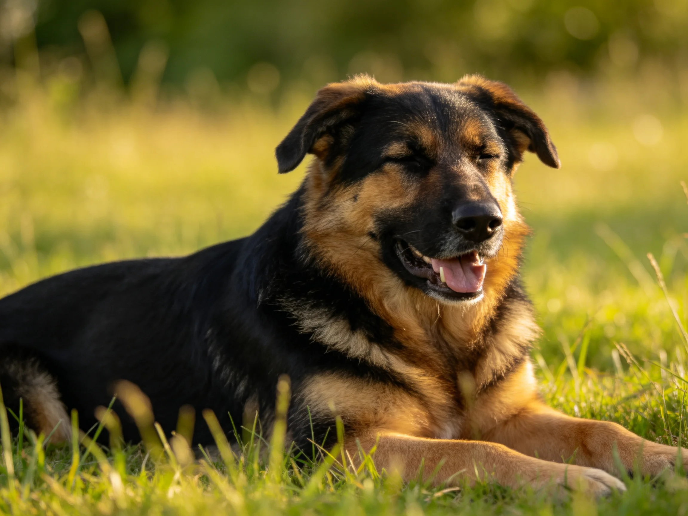 A black and tan dog rests contentedly in sunlit grass