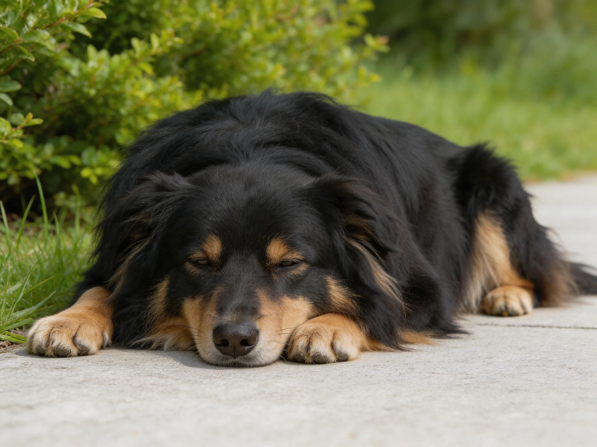 A black and tan dog rests on a concrete path near lush green foliage