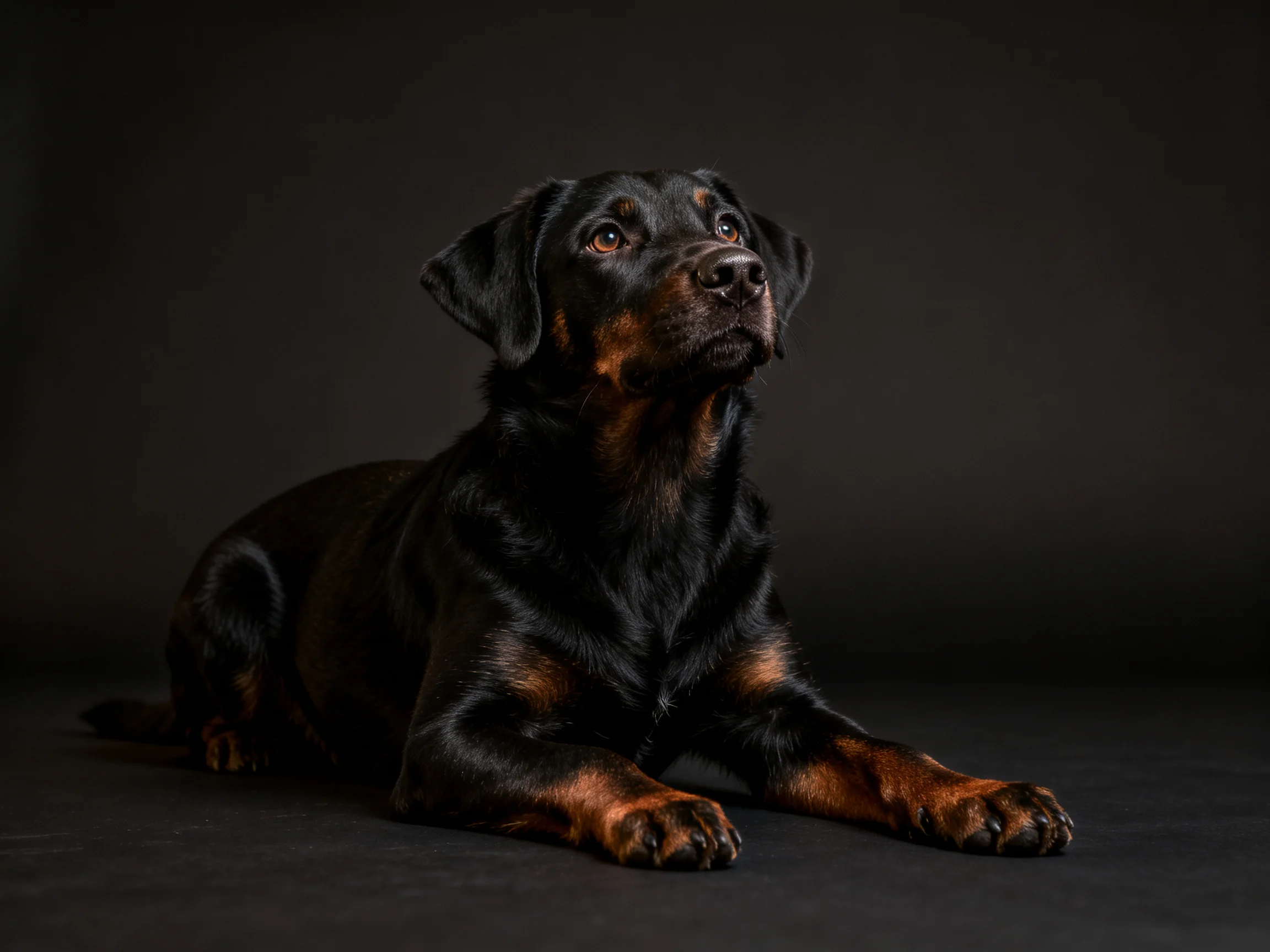 A black and tan dog sits calmly on a dark surface.