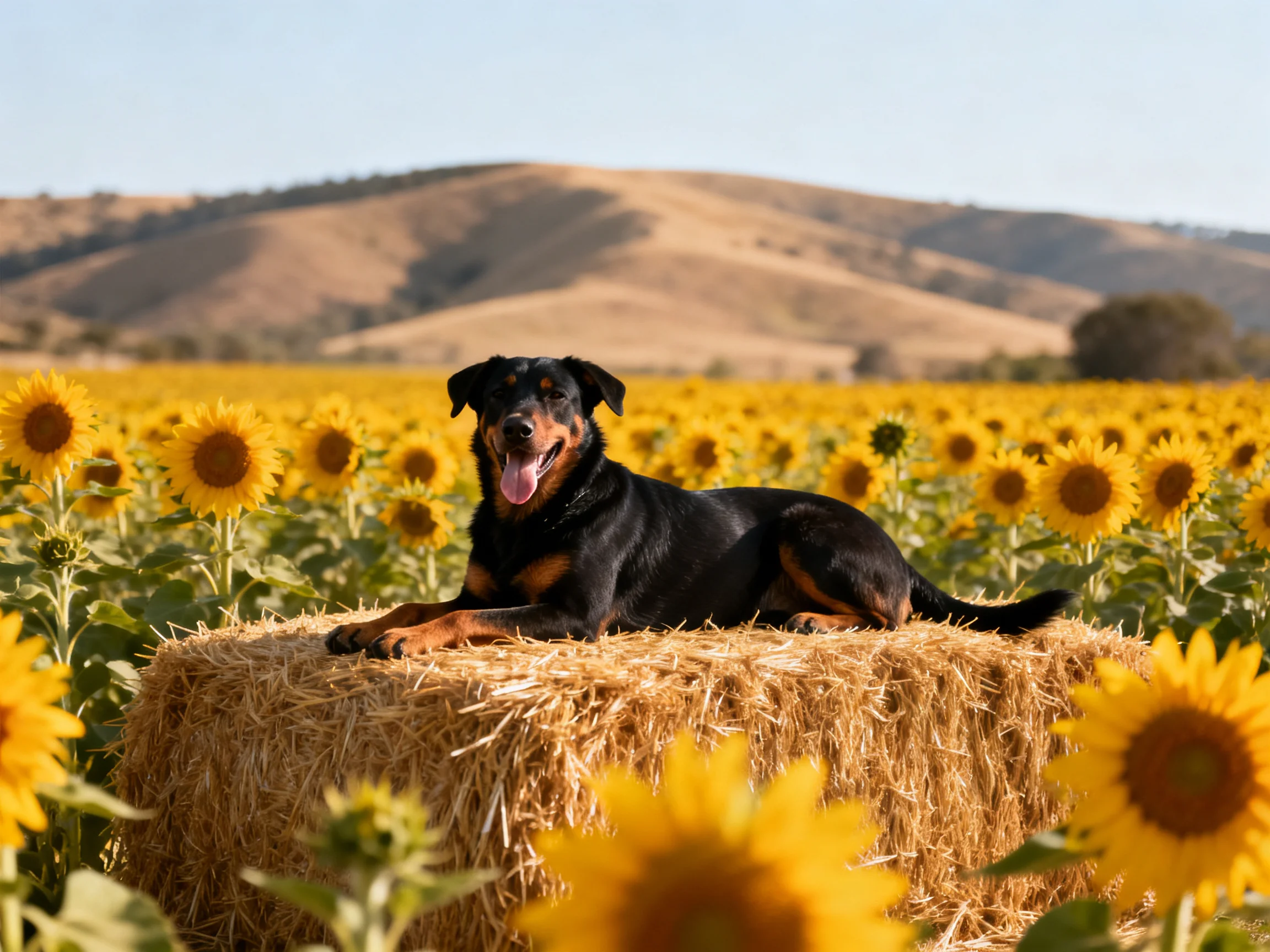 A black and tan dog relaxes on a hay bale within a sunflower-filled field.