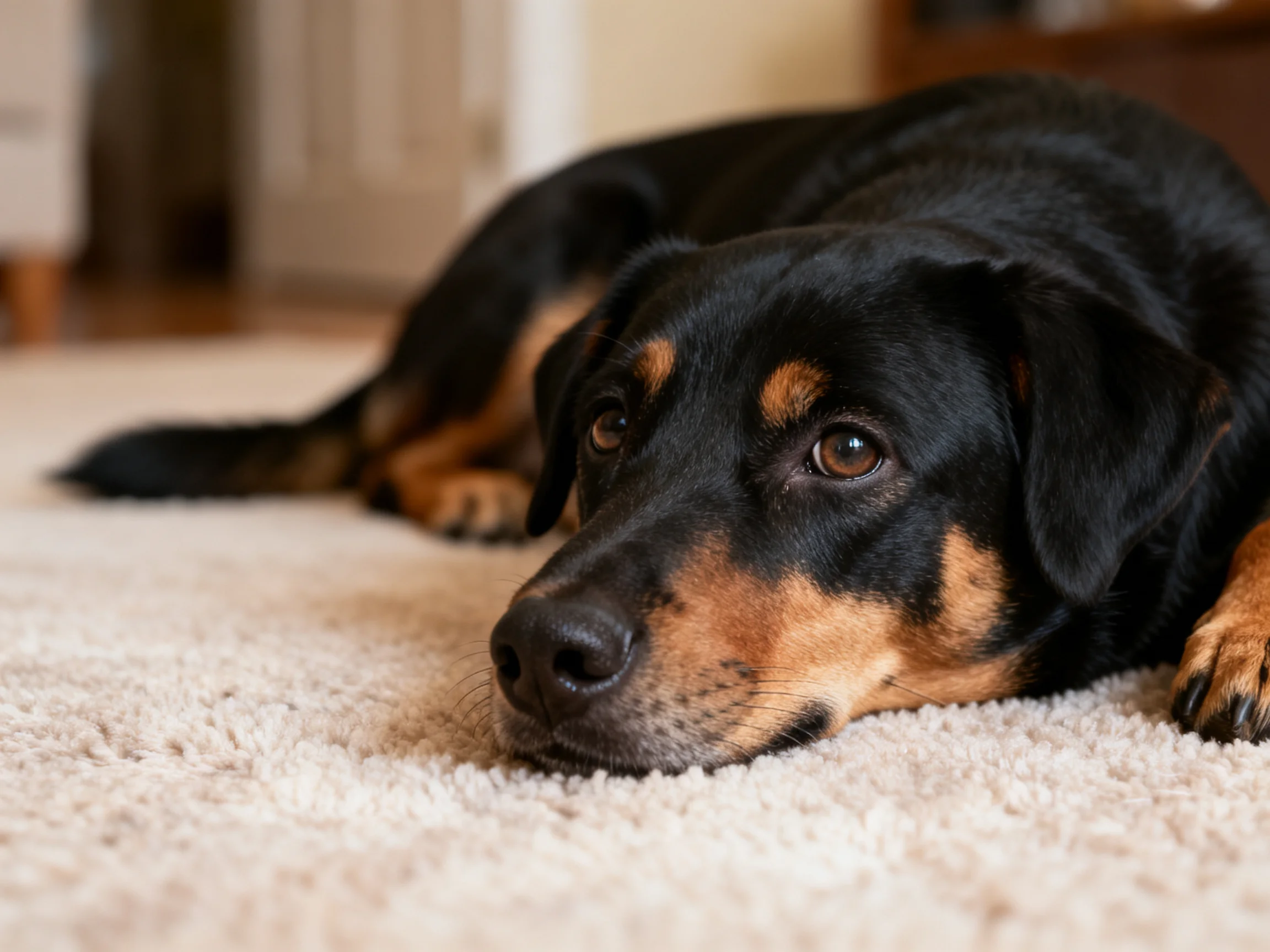 A black and tan dog lies calmly on a soft carpet indoors