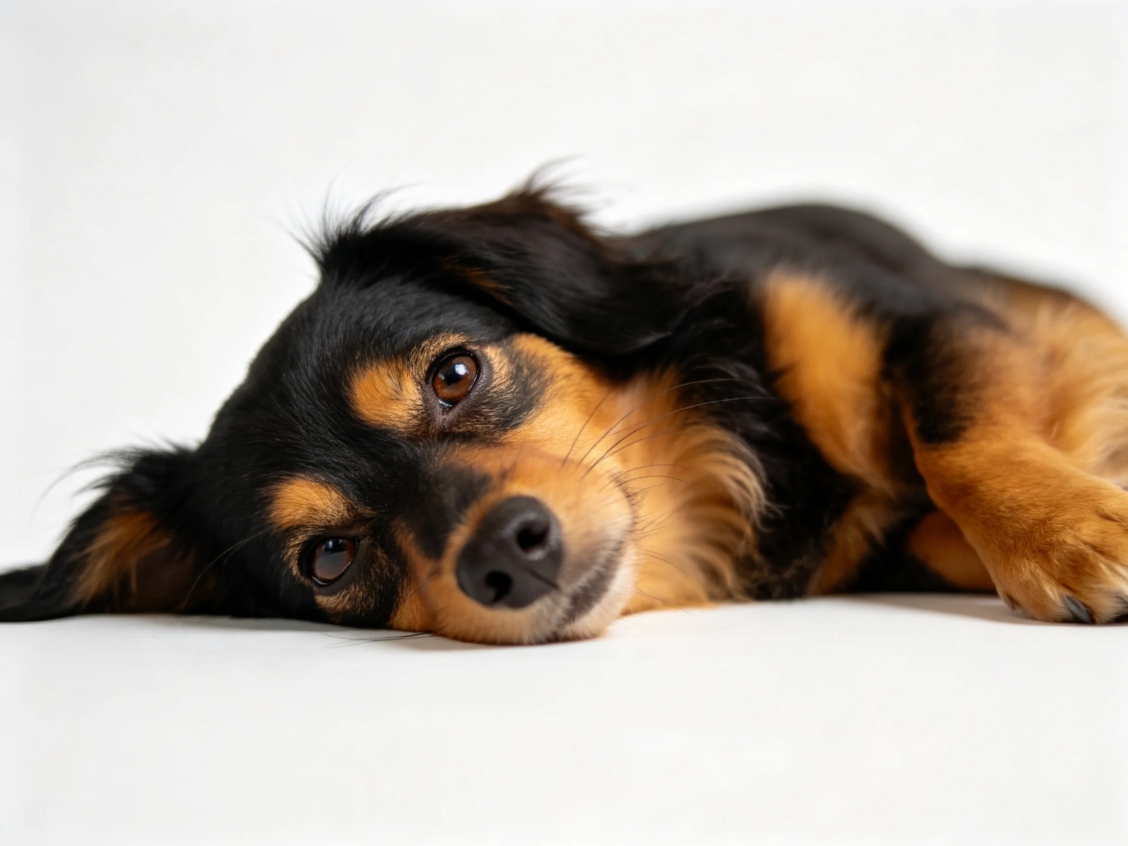 A black and tan dog rests on a stark white surface