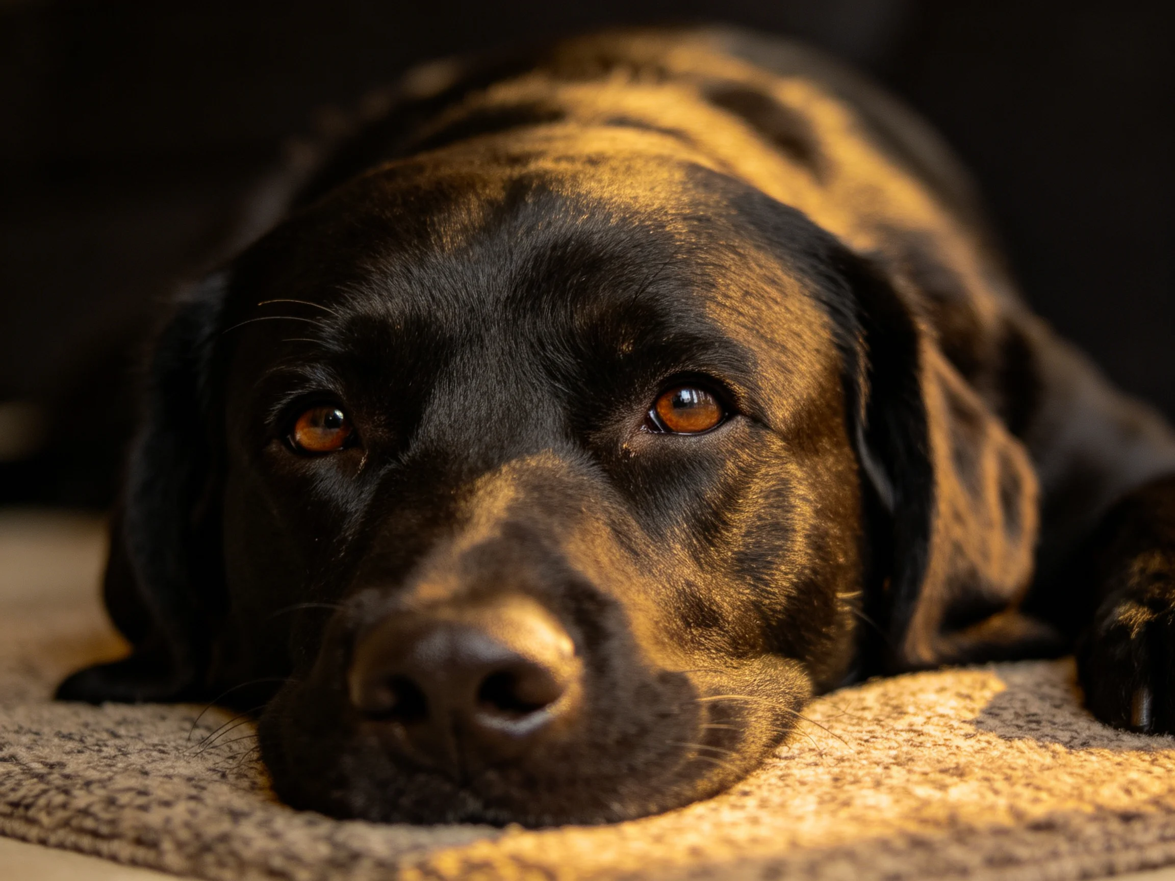 A black and tan dog rests on a textured rug with warm lighting