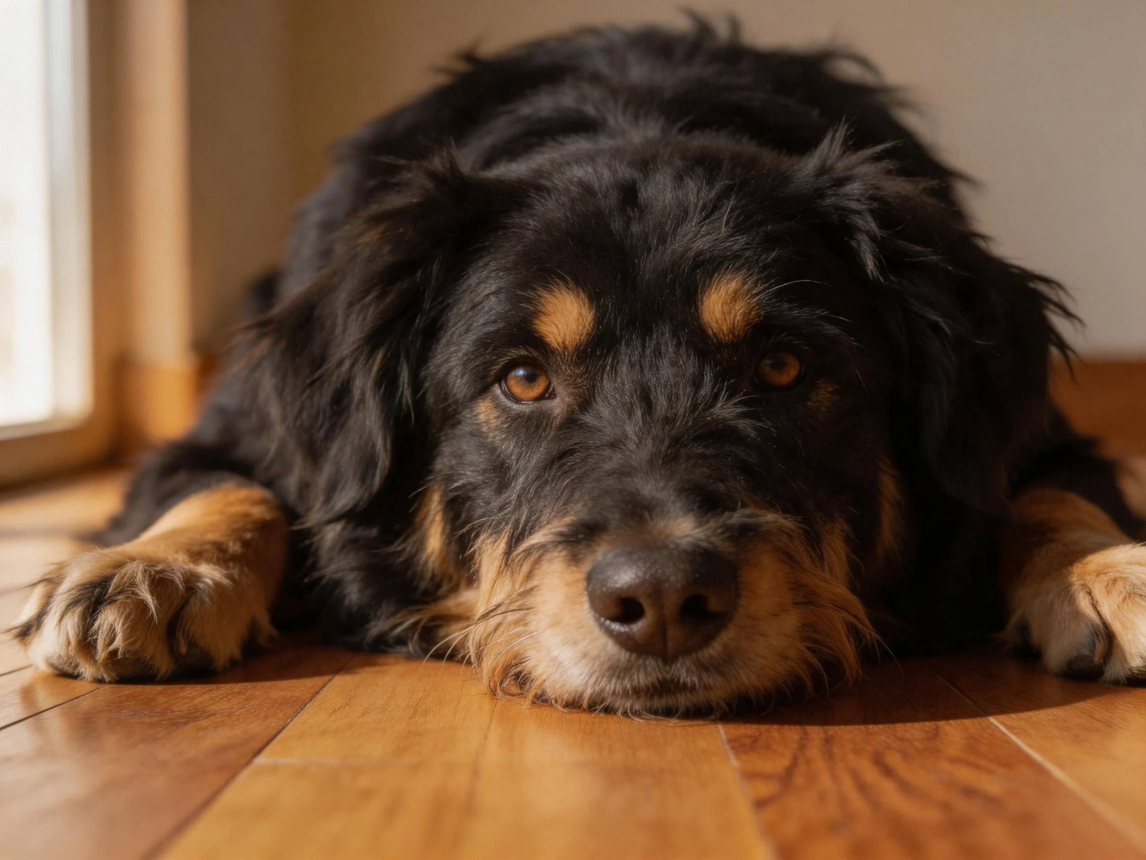 A black and tan dog relaxes on a wooden floor indoors.