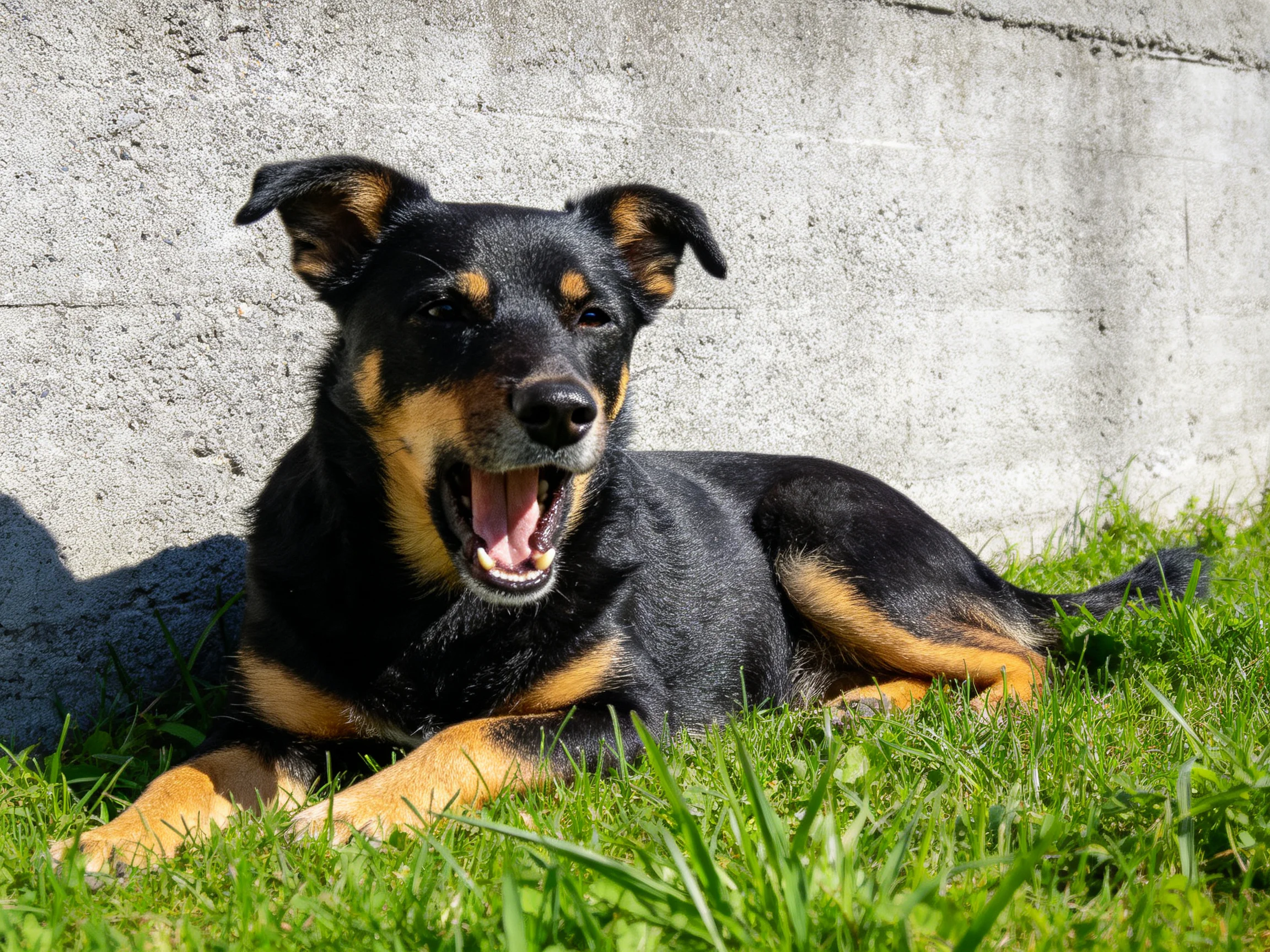 A black and tan dog relaxes on grass next to a concrete wall.