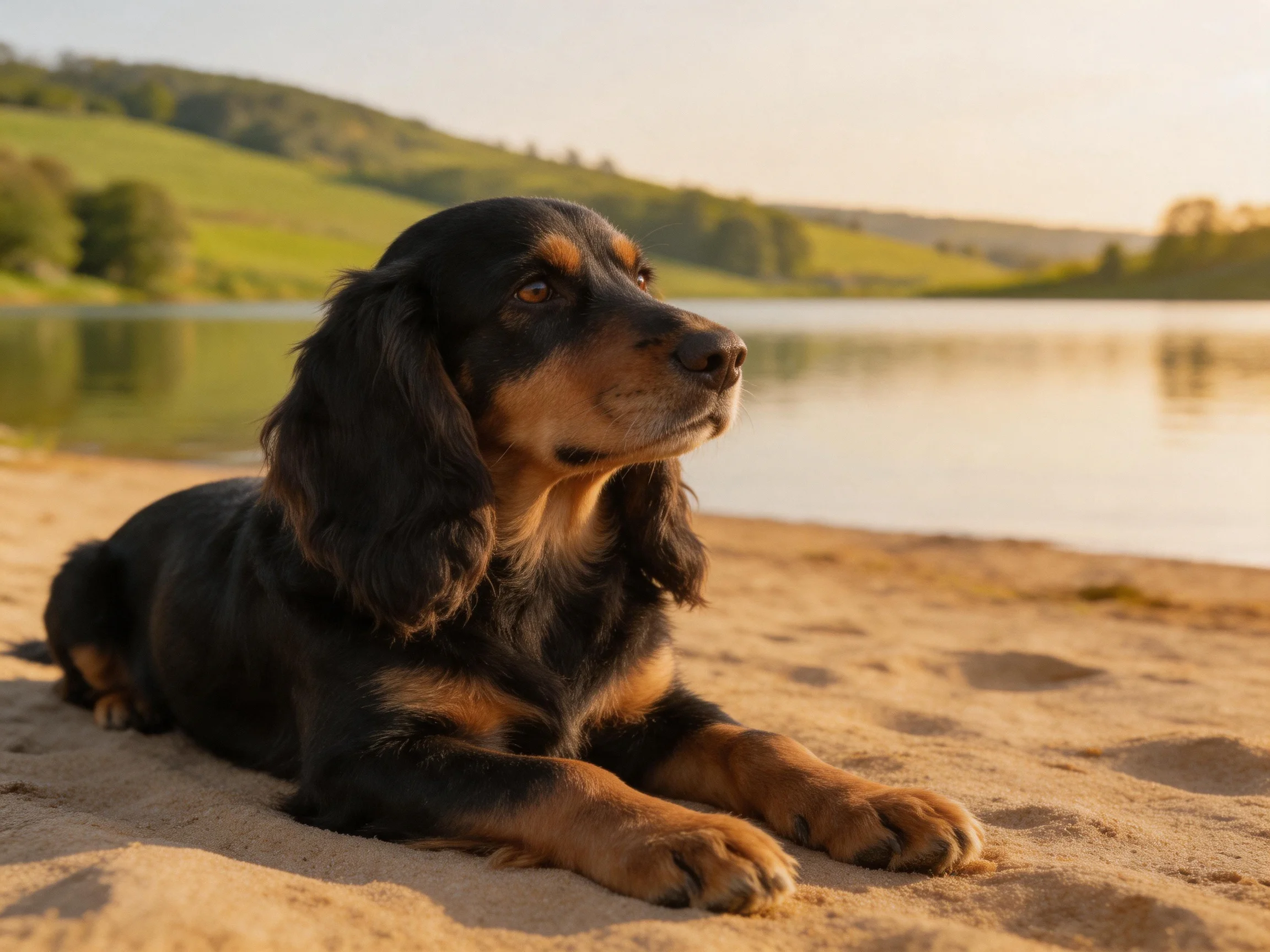 A black and tan dog relaxes on sandy shore by calm lake