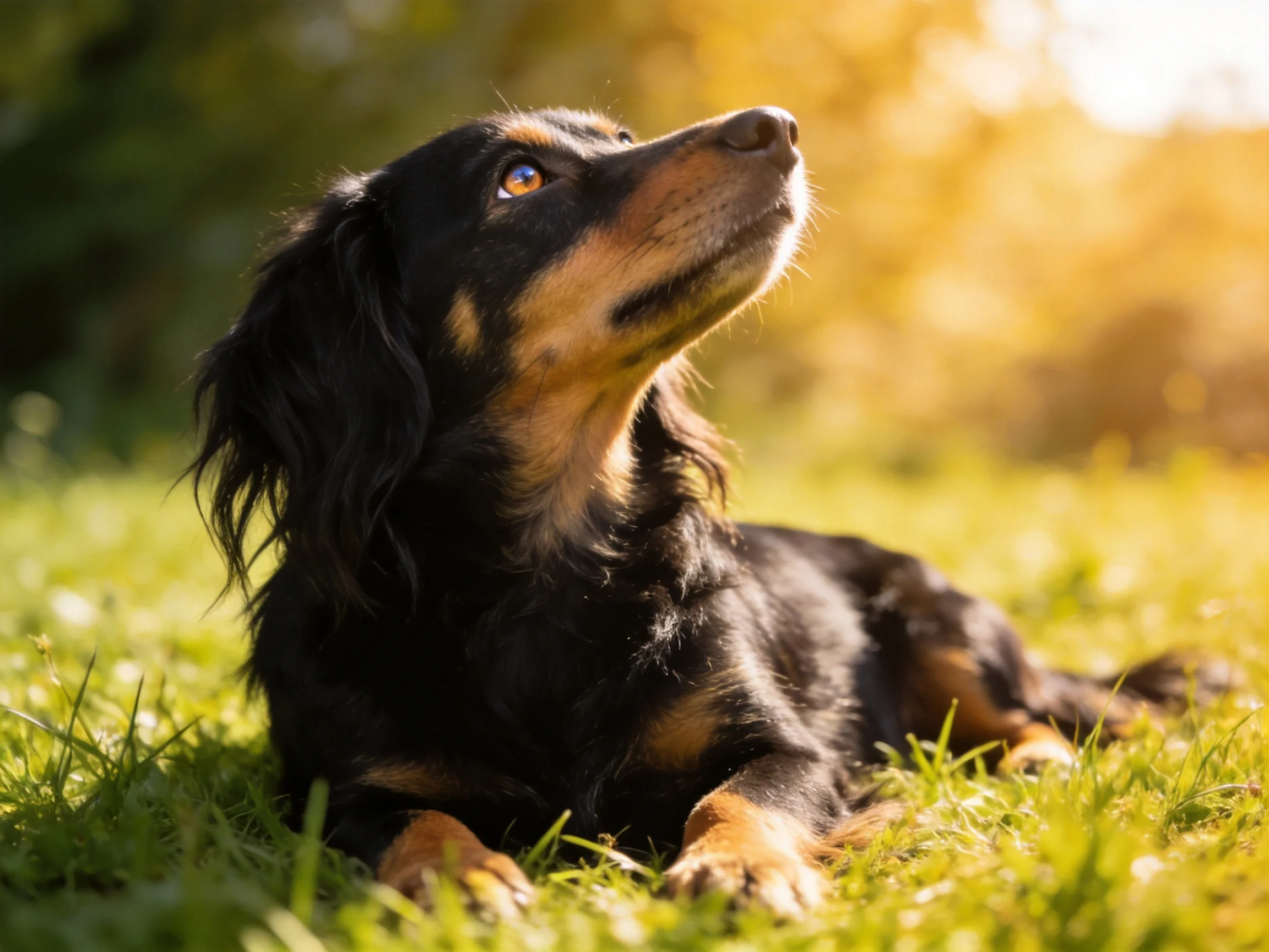 A black and tan dog rests on sun-drenched green grass
