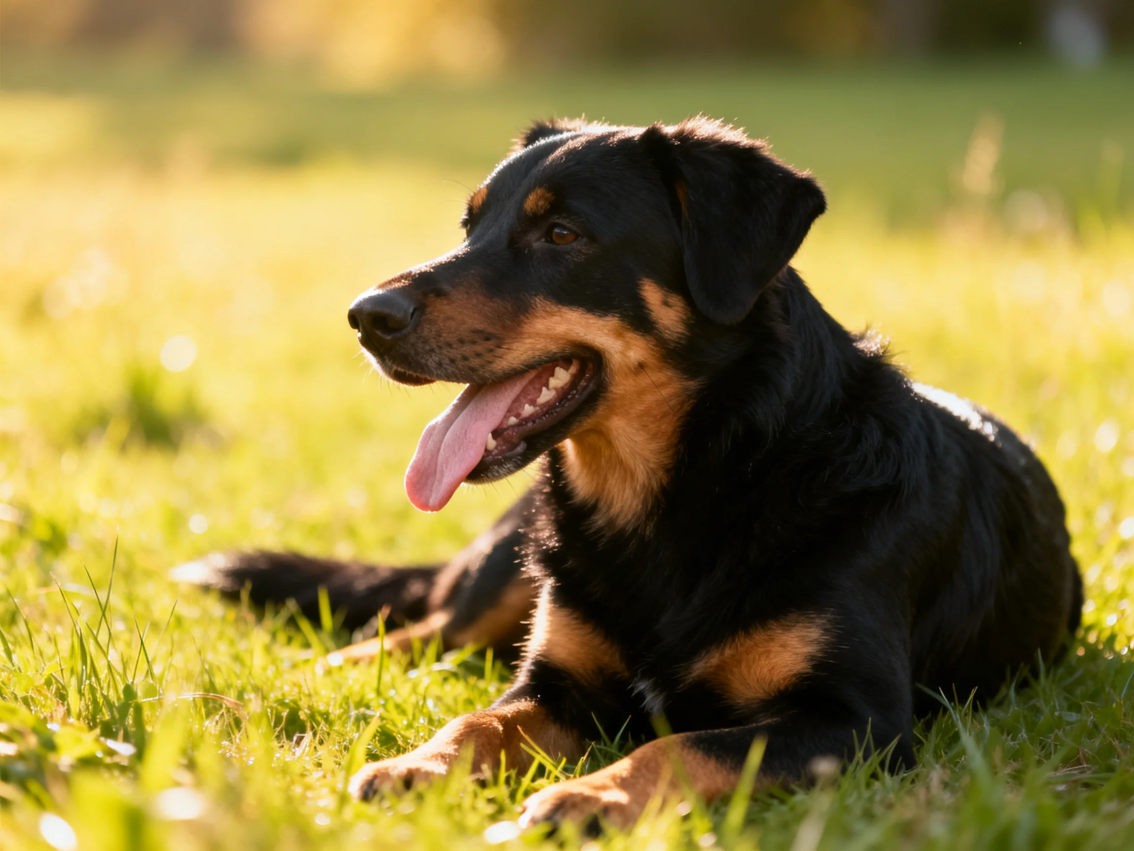 A black and tan dog lies relaxed on grass in bright sunlight.