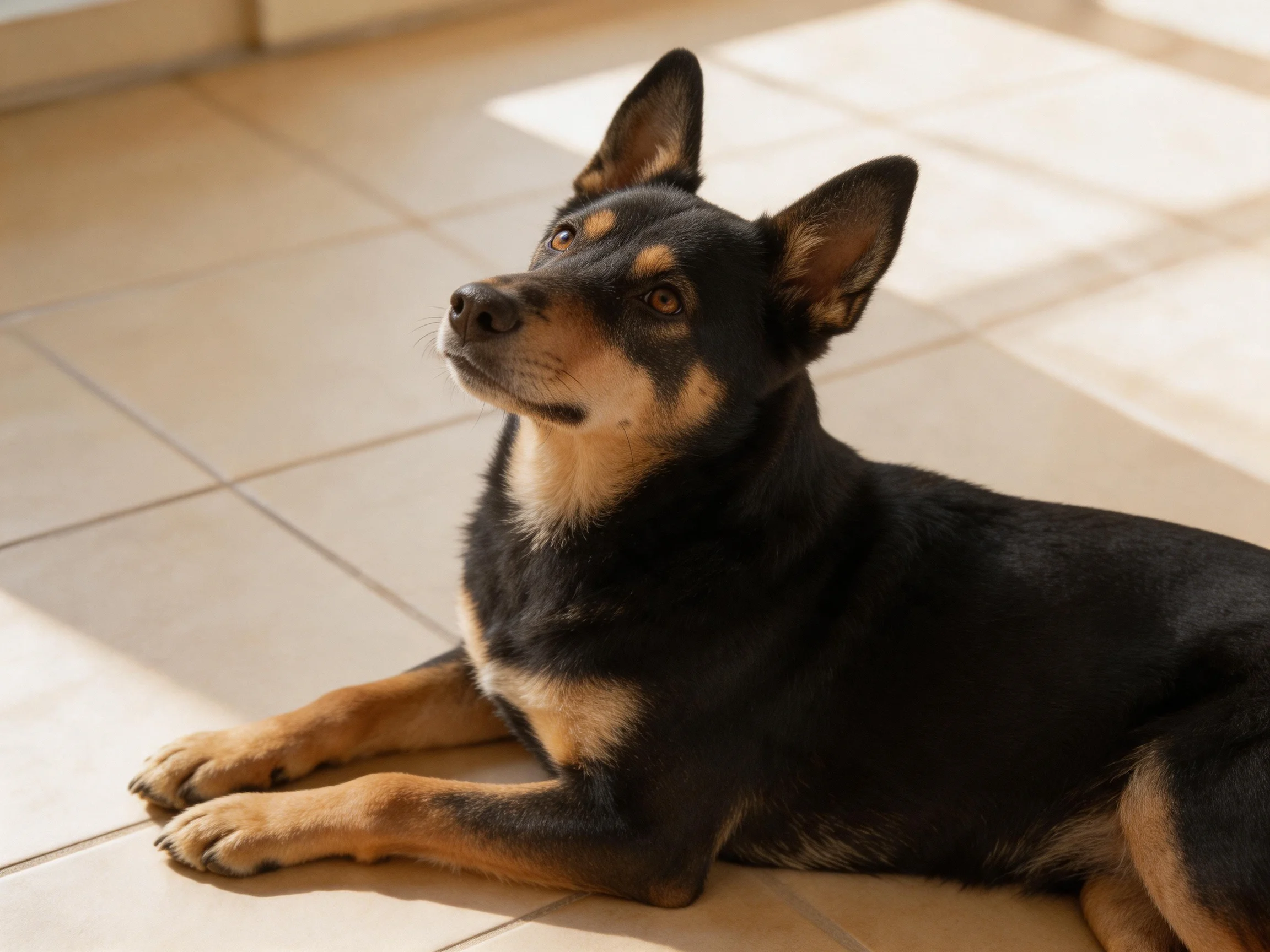 A black and tan dog relaxes on tiled flooring in sunlight.