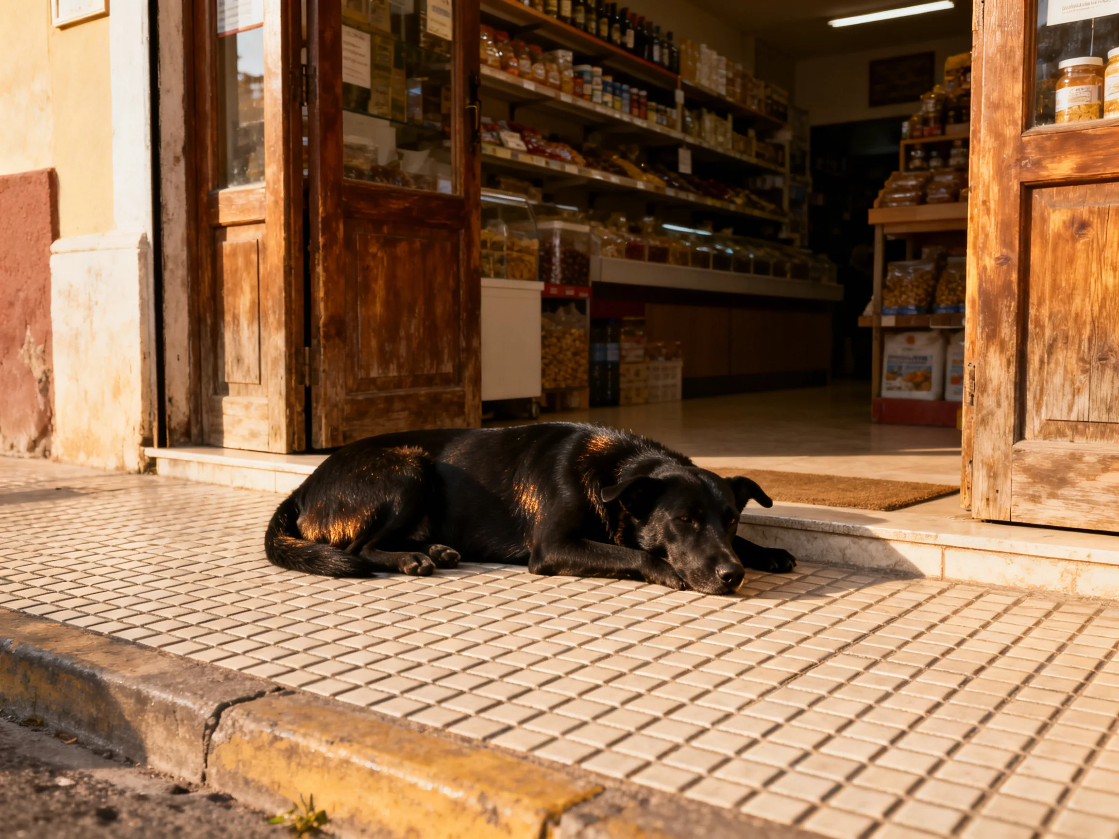 A black and tan dog rests outside a rustic wooden grocery store entrance
