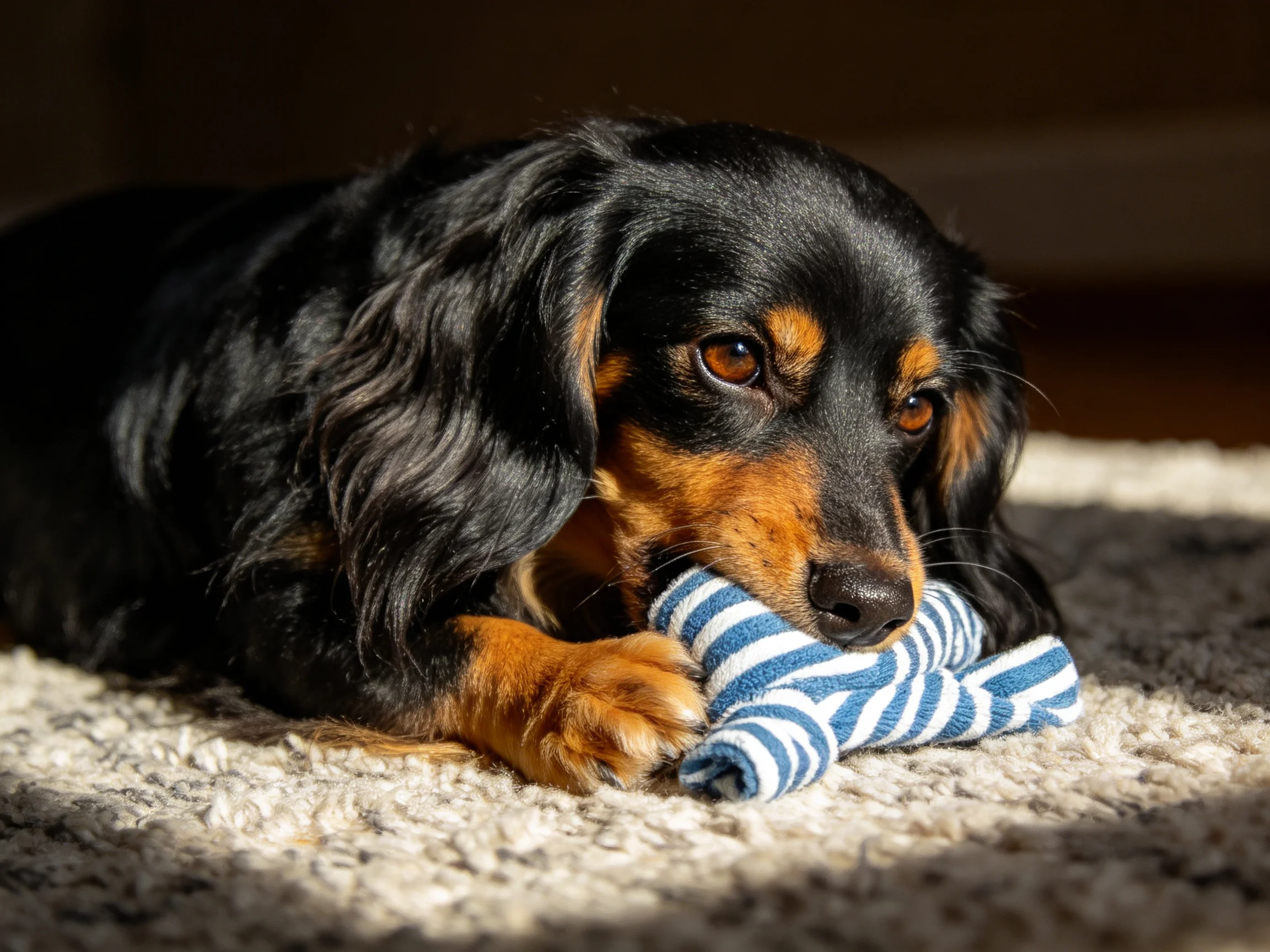 A black and tan dog rests with a toy on a carpet