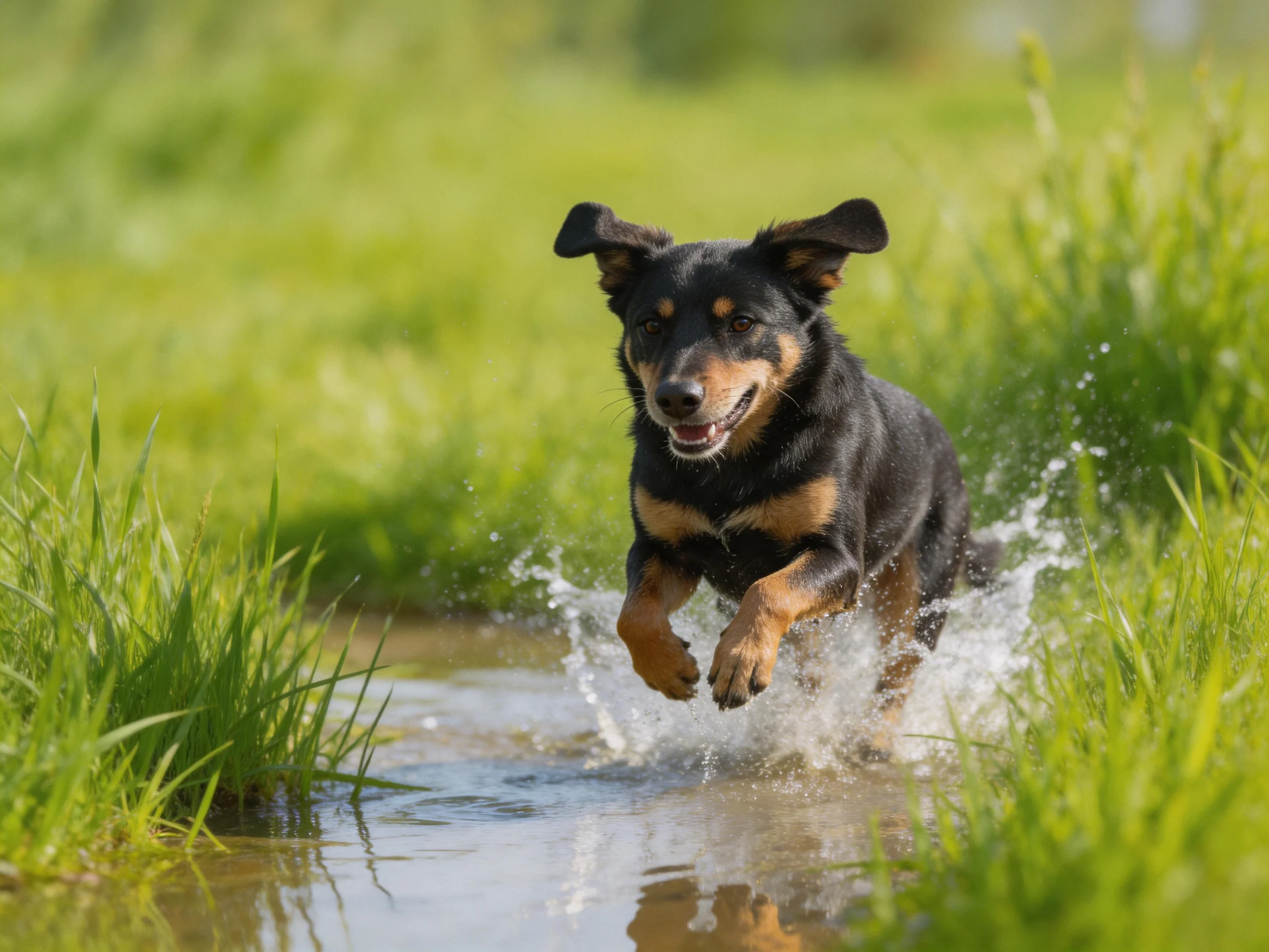 A black and tan dog running through a shallow stream