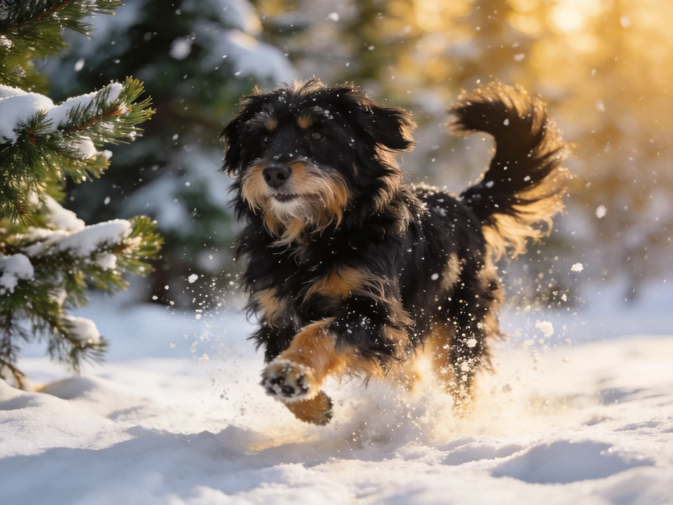 A black and tan dog running through a snowy forest landscape