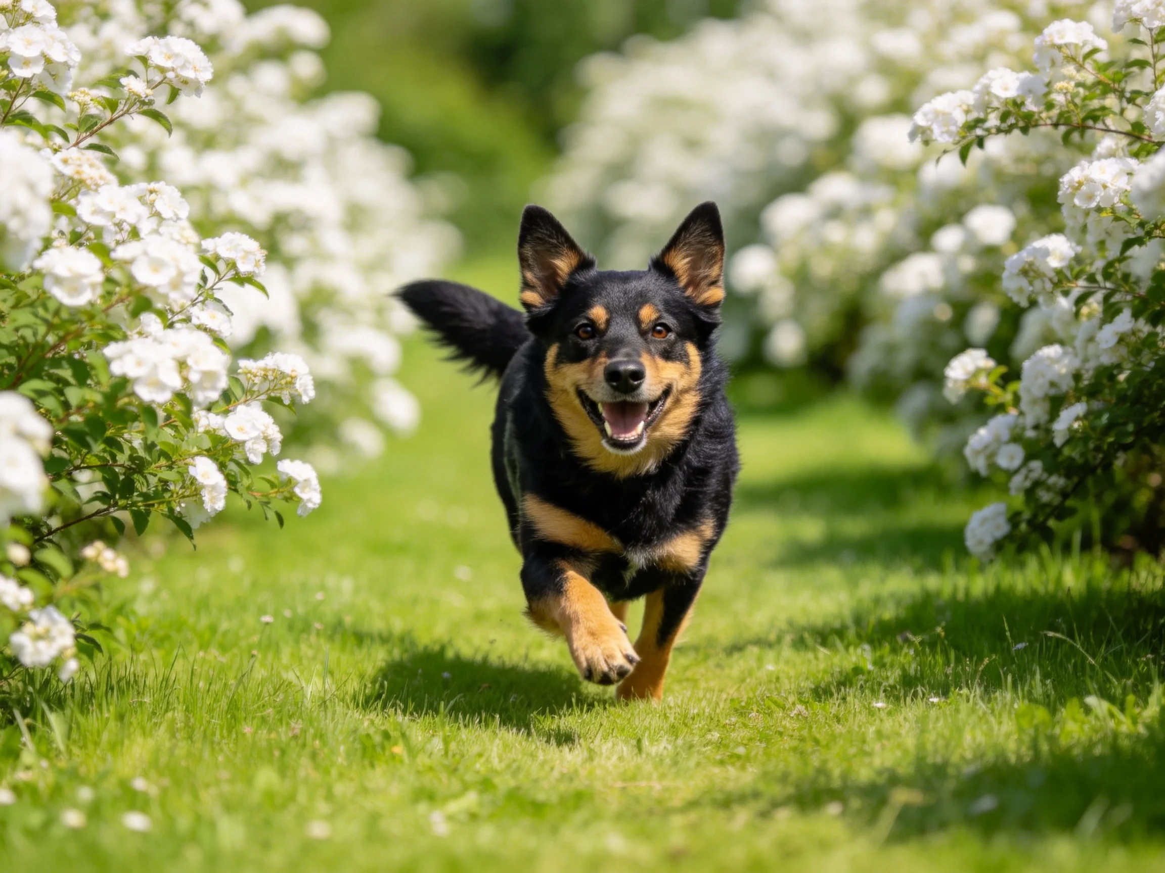 A black and tan dog runs through a garden path lined with white blooms