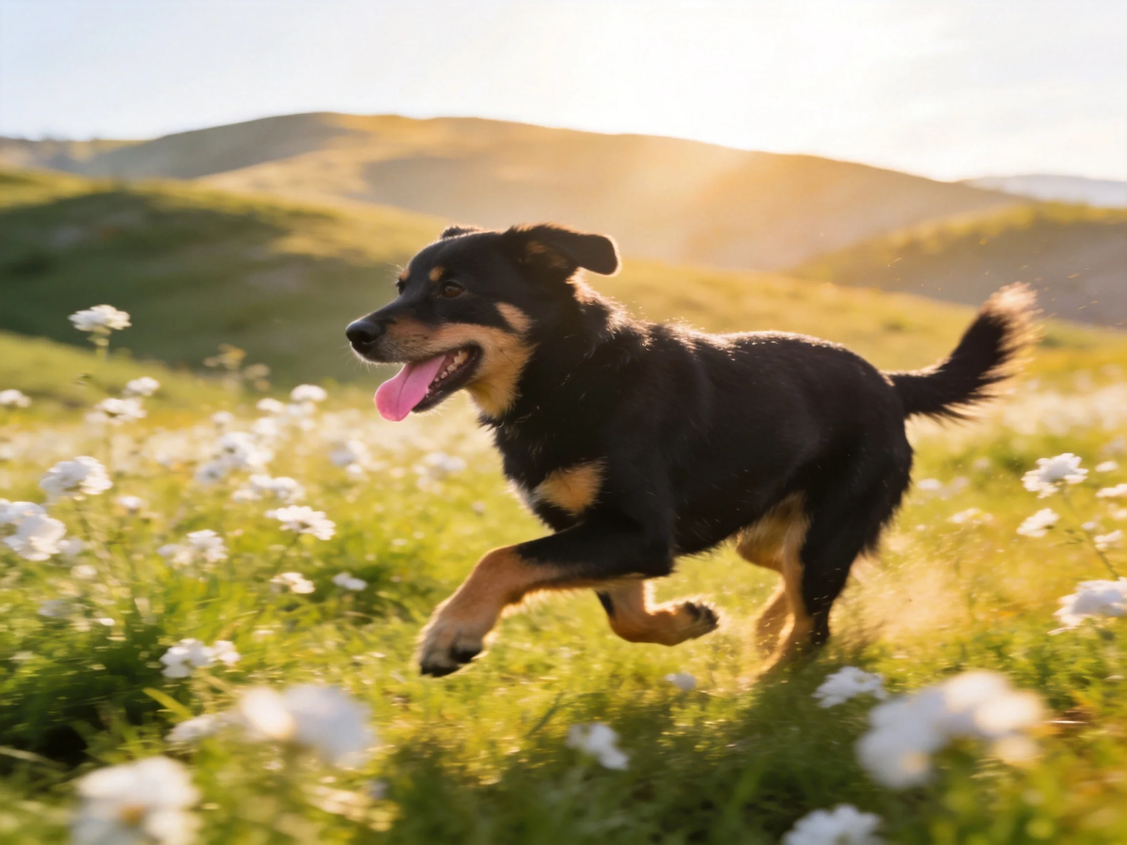 A black and tan dog joyfully runs through a sunlit meadow with white flowers
