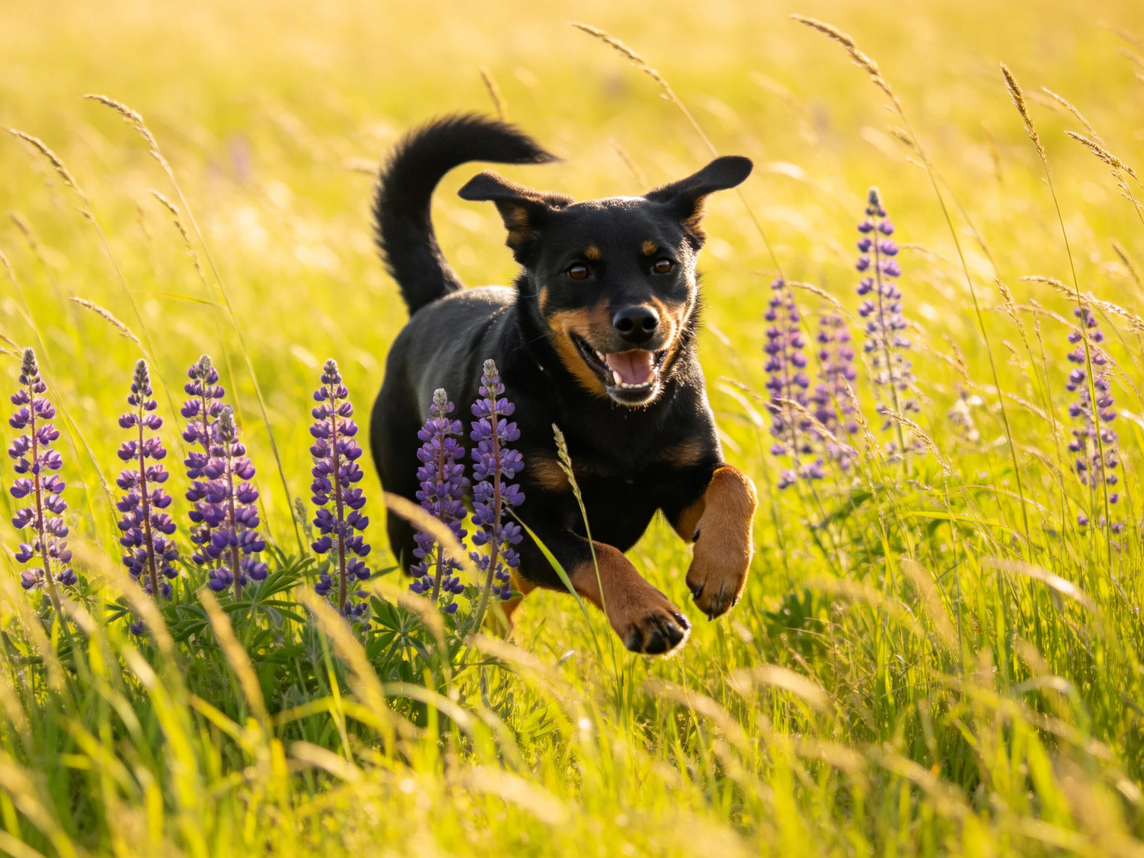 A black and tan dog runs joyfully through a meadow of tall grass and purple flowers.