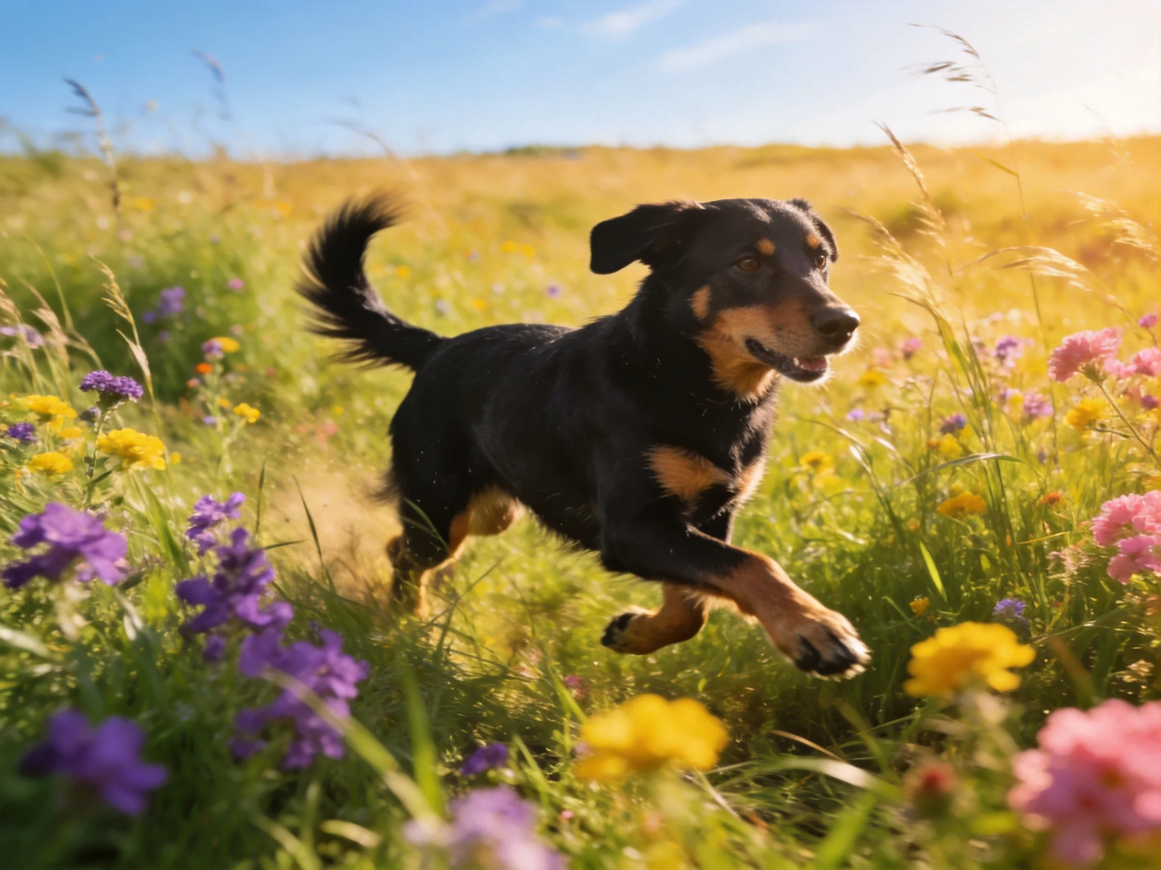 A black and tan dog runs joyfully through a flower-filled meadow.
