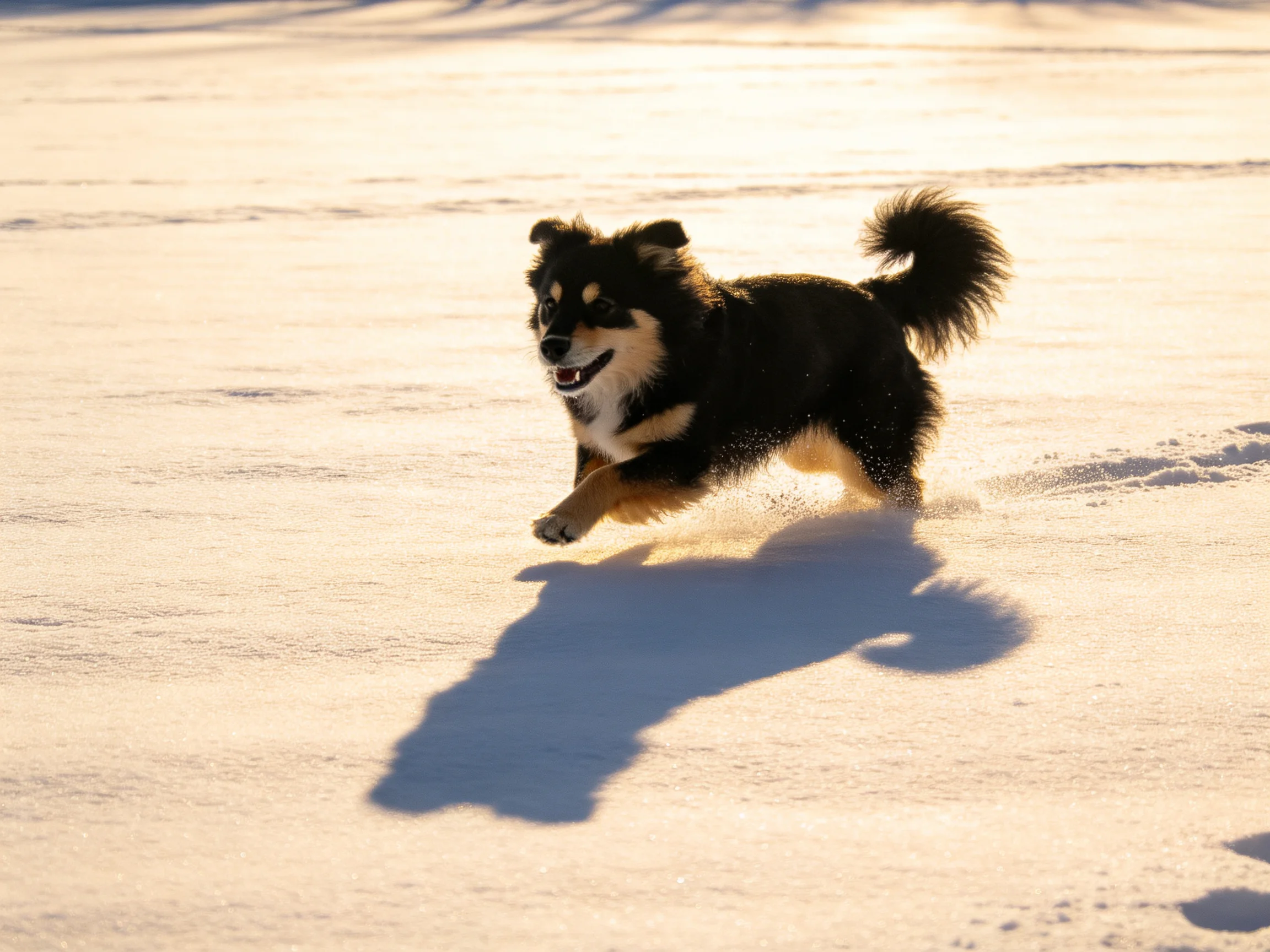 A black and tan dog runs through glistening snowy terrain