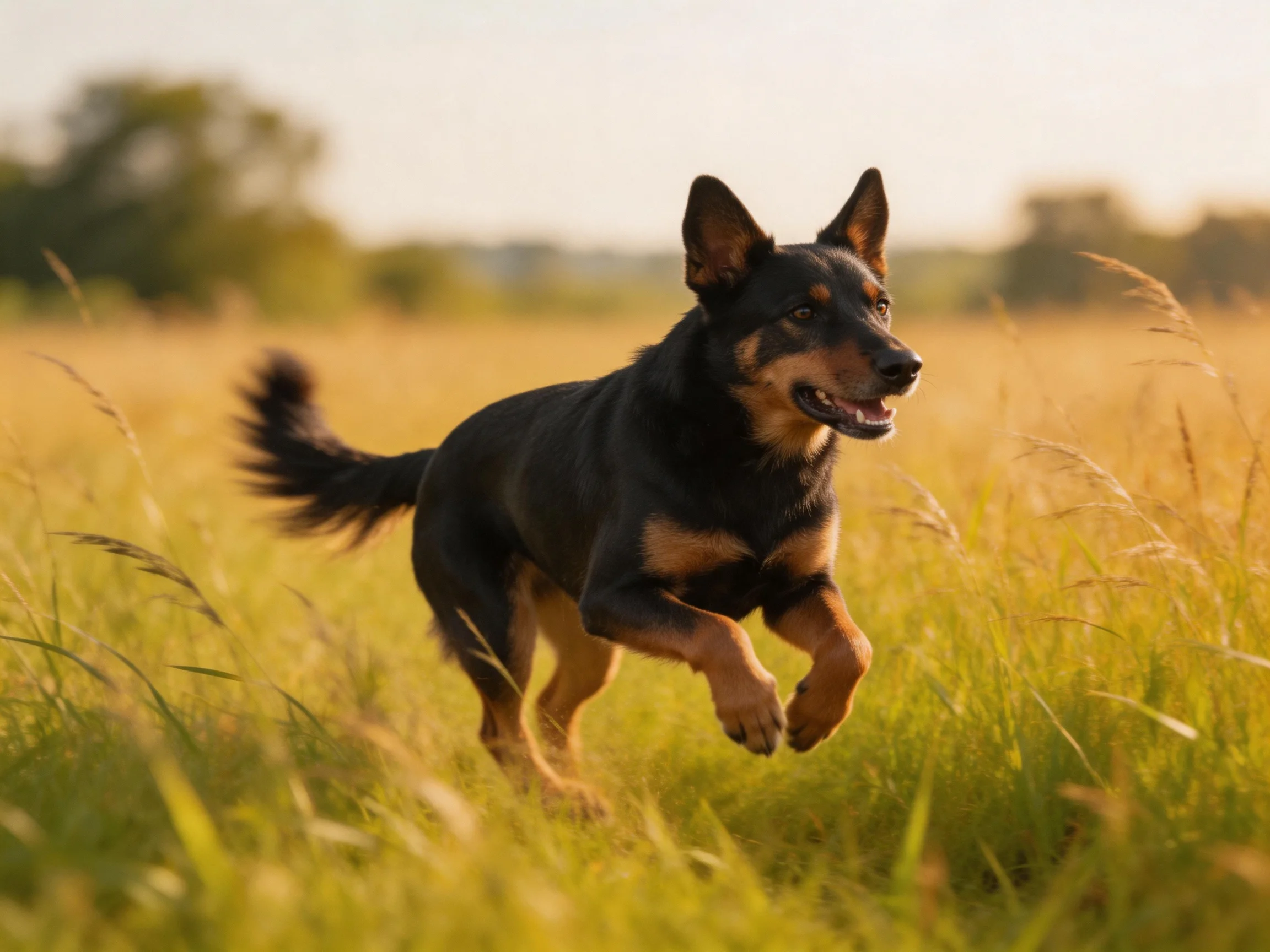 A black and tan dog runs energetically amid a sunlit field of tall grass.