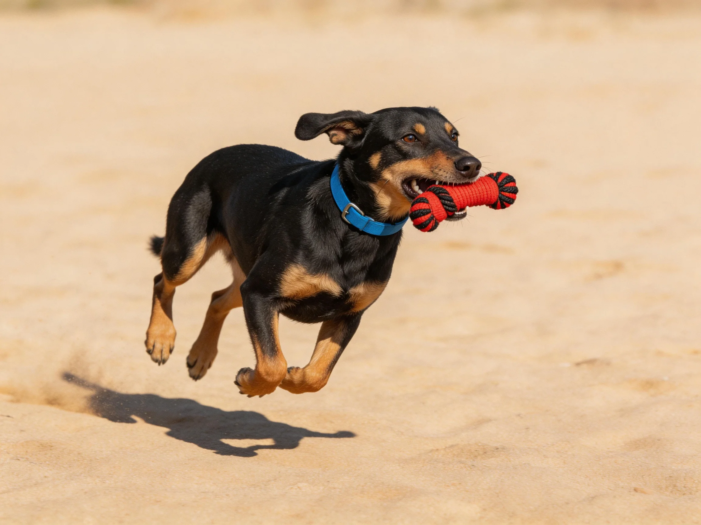 A black and tan dog runs with a red toy on sandy ground.