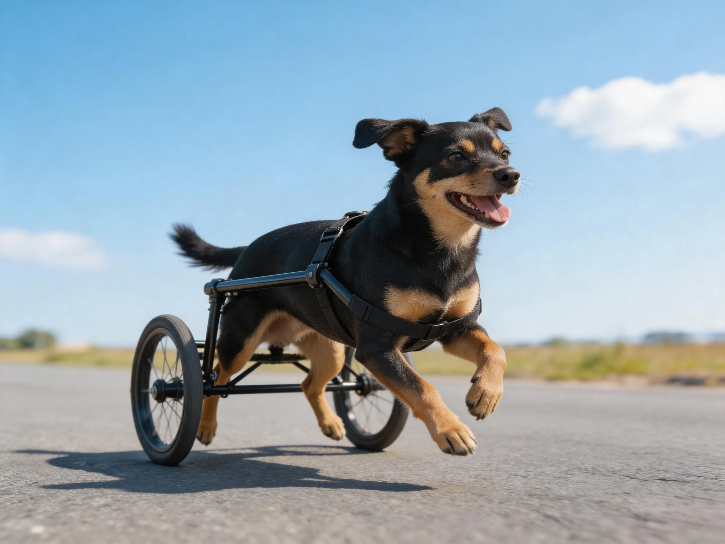 A black and tan dog uses a three-wheeled mobility device while running outside