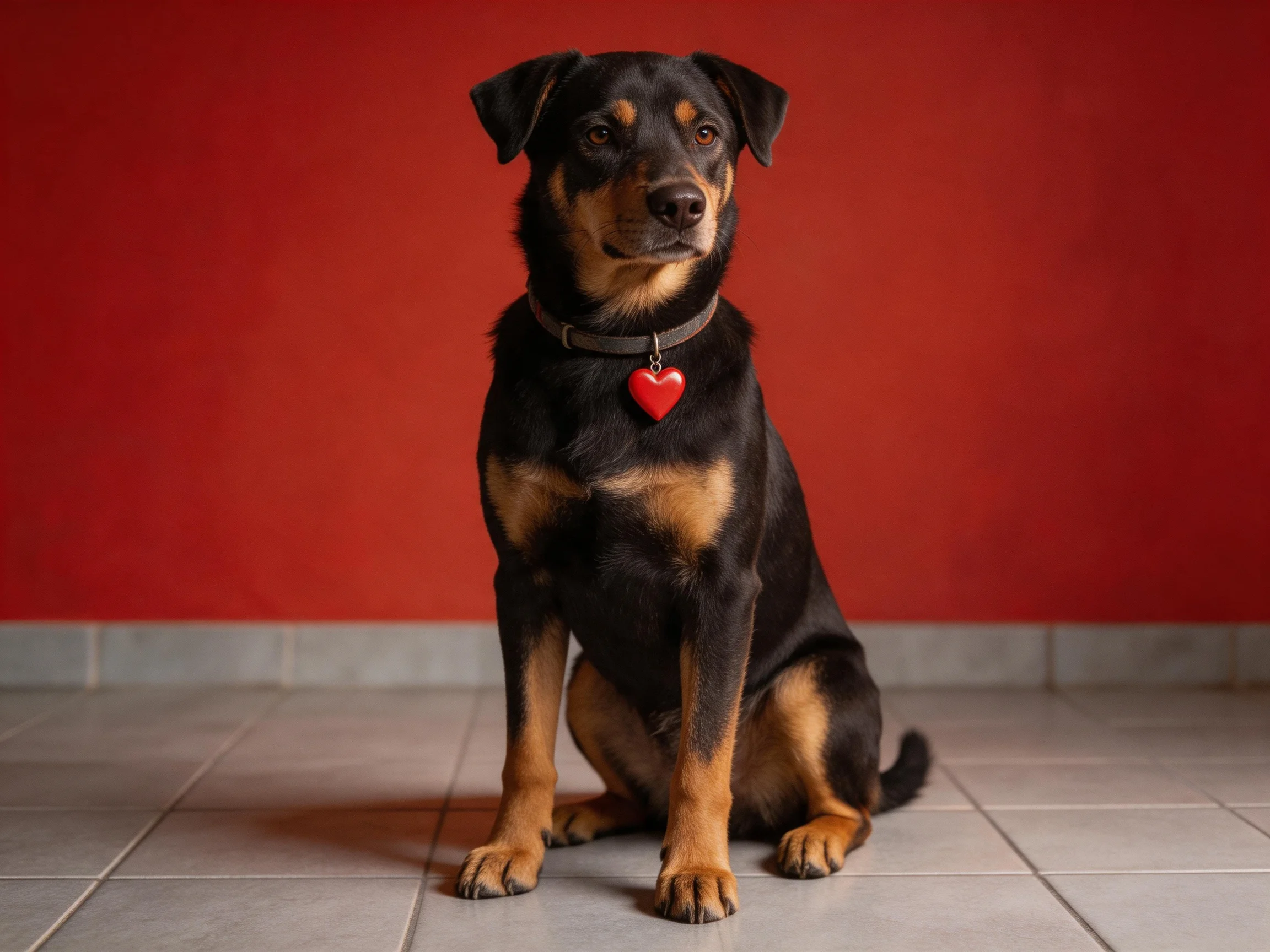A black and tan dog sits against a vivid red wall with a heart - shaped tag