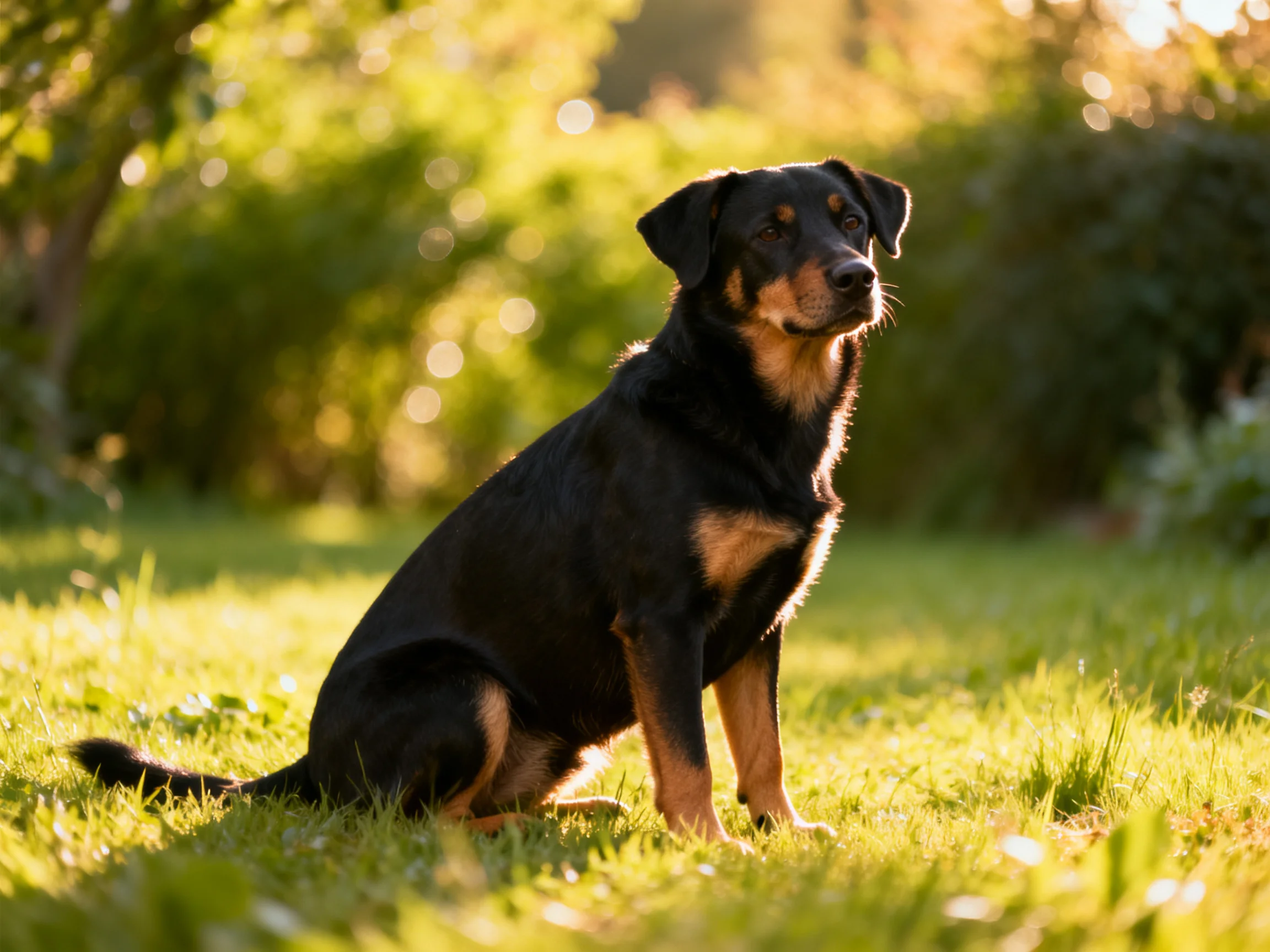 A black and tan dog sits attentively in a sunlit grassy area.