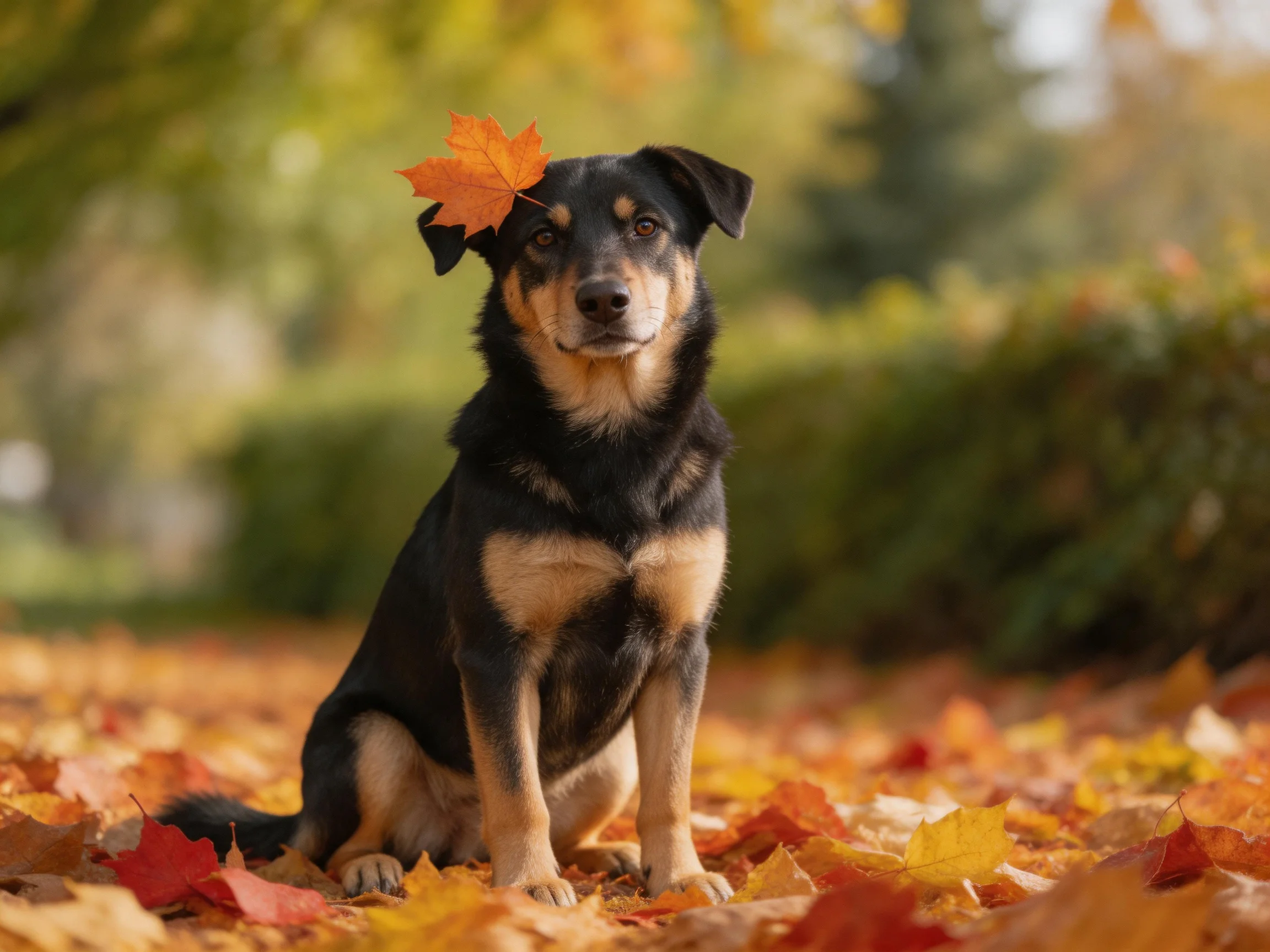 A dog sits among autumn leaves with an orange leaf on its head.