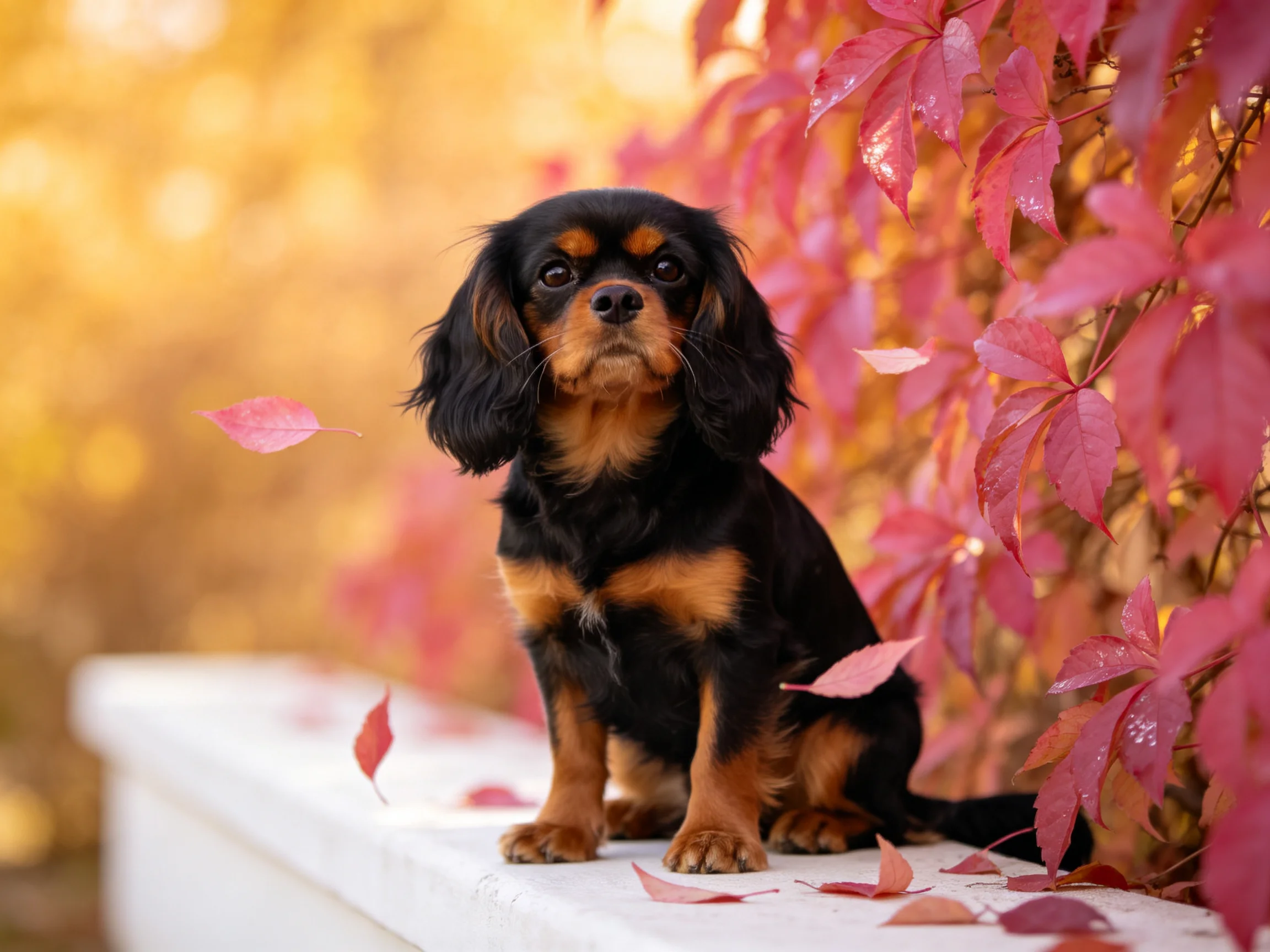 A black and tan dog sits on a white bench surrounded by colorful autumn leaves