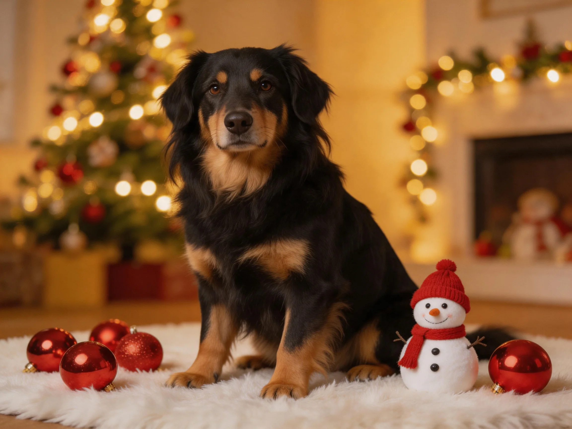 A dog sits on a white rug amid Christmas decorations like a snowman and red ornaments.
