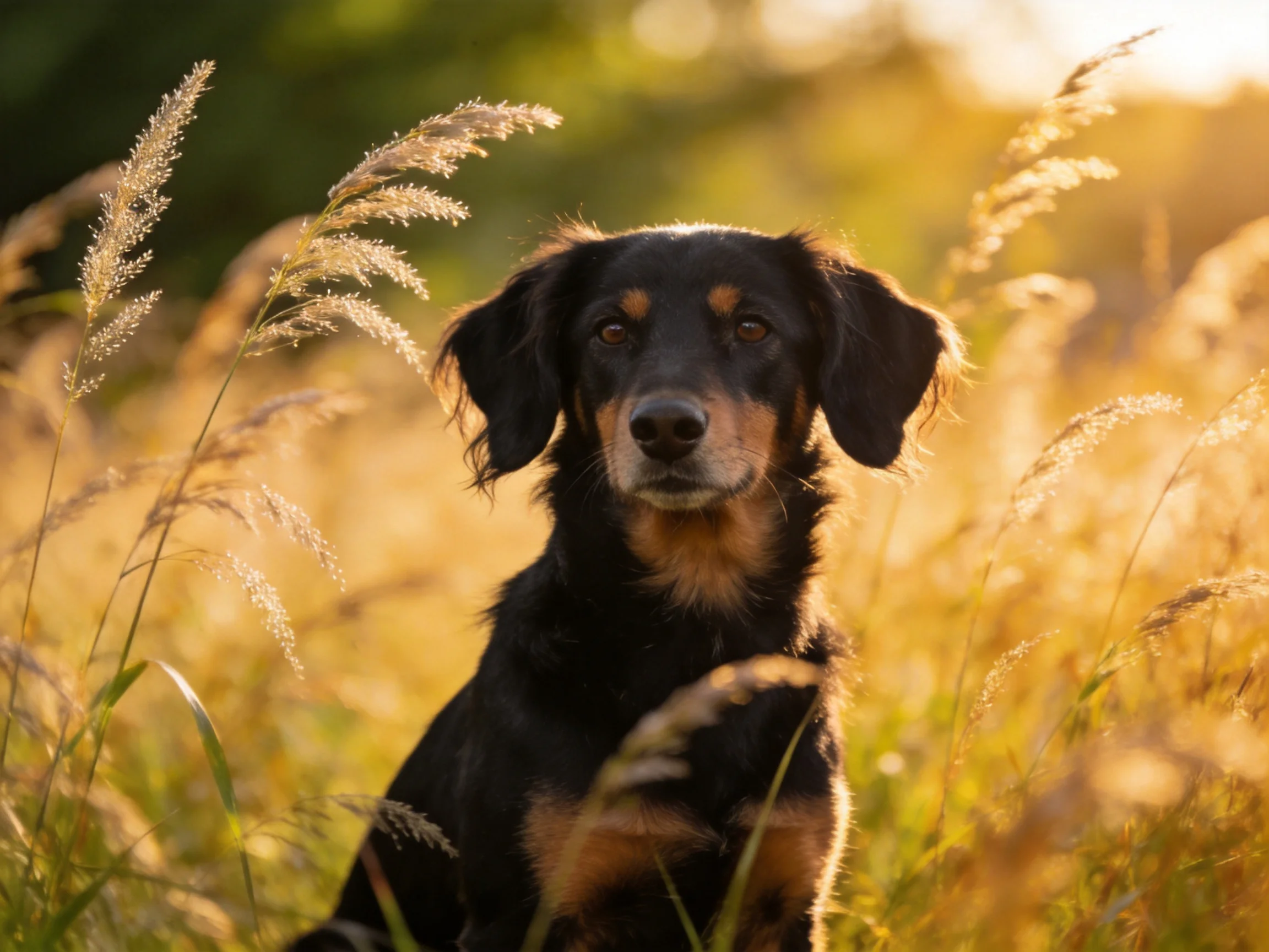 A black and tan dog sits amid tall golden grasses in a sunlit field.
