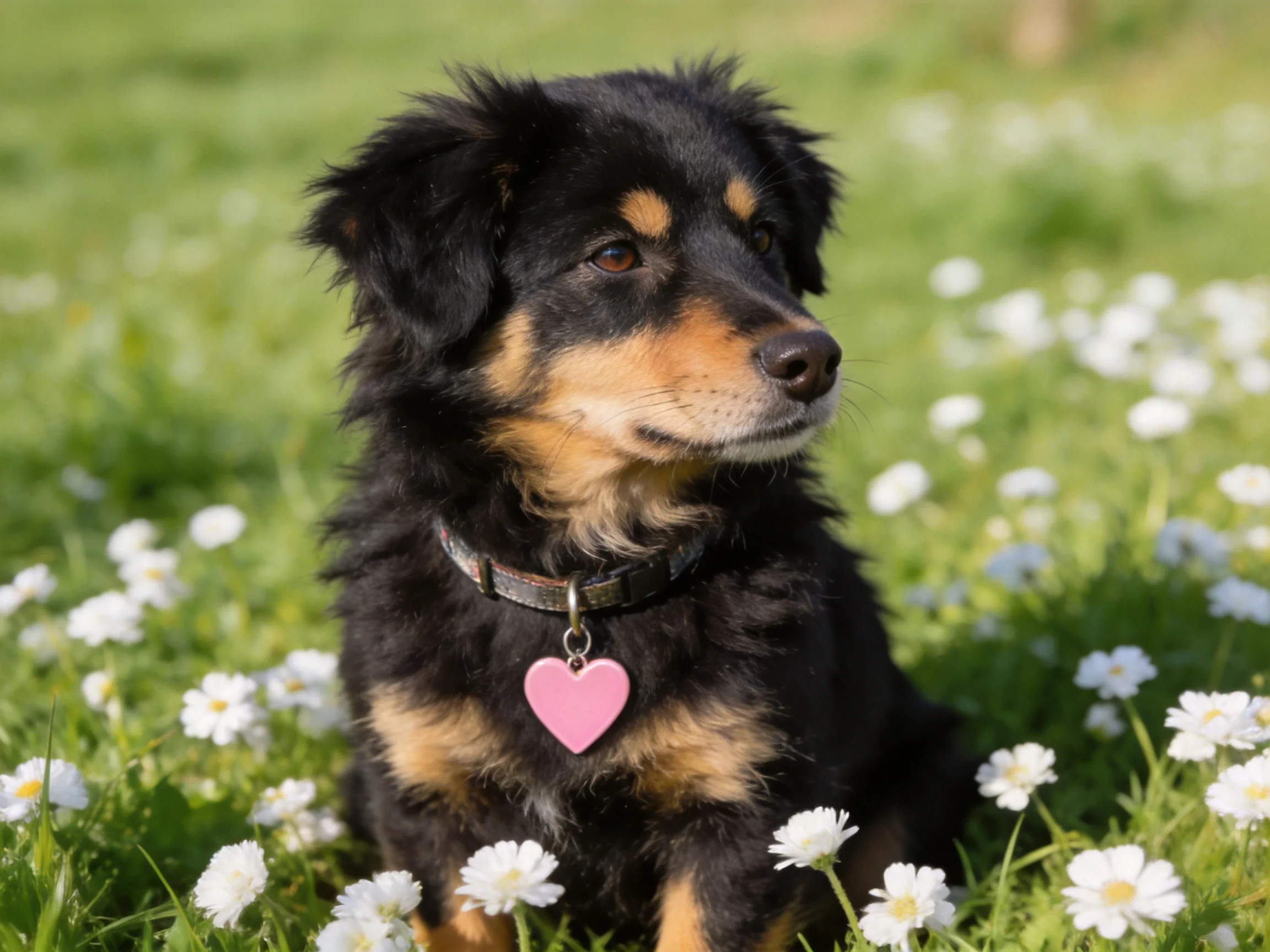 A black and tan dog sits calmly among white daisies in a sunny meadow.