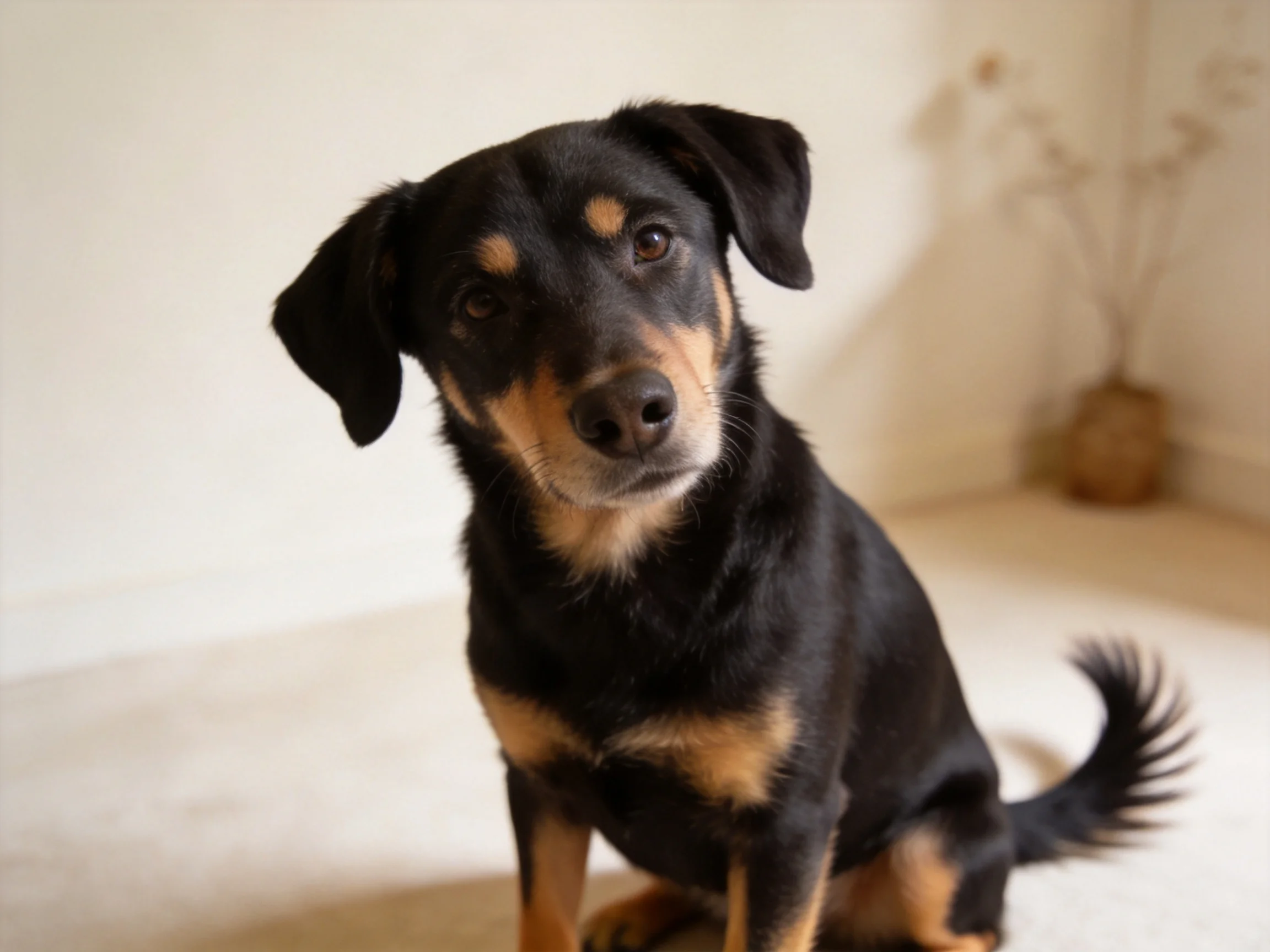 A black and tan dog sits attentively in a softly lit room