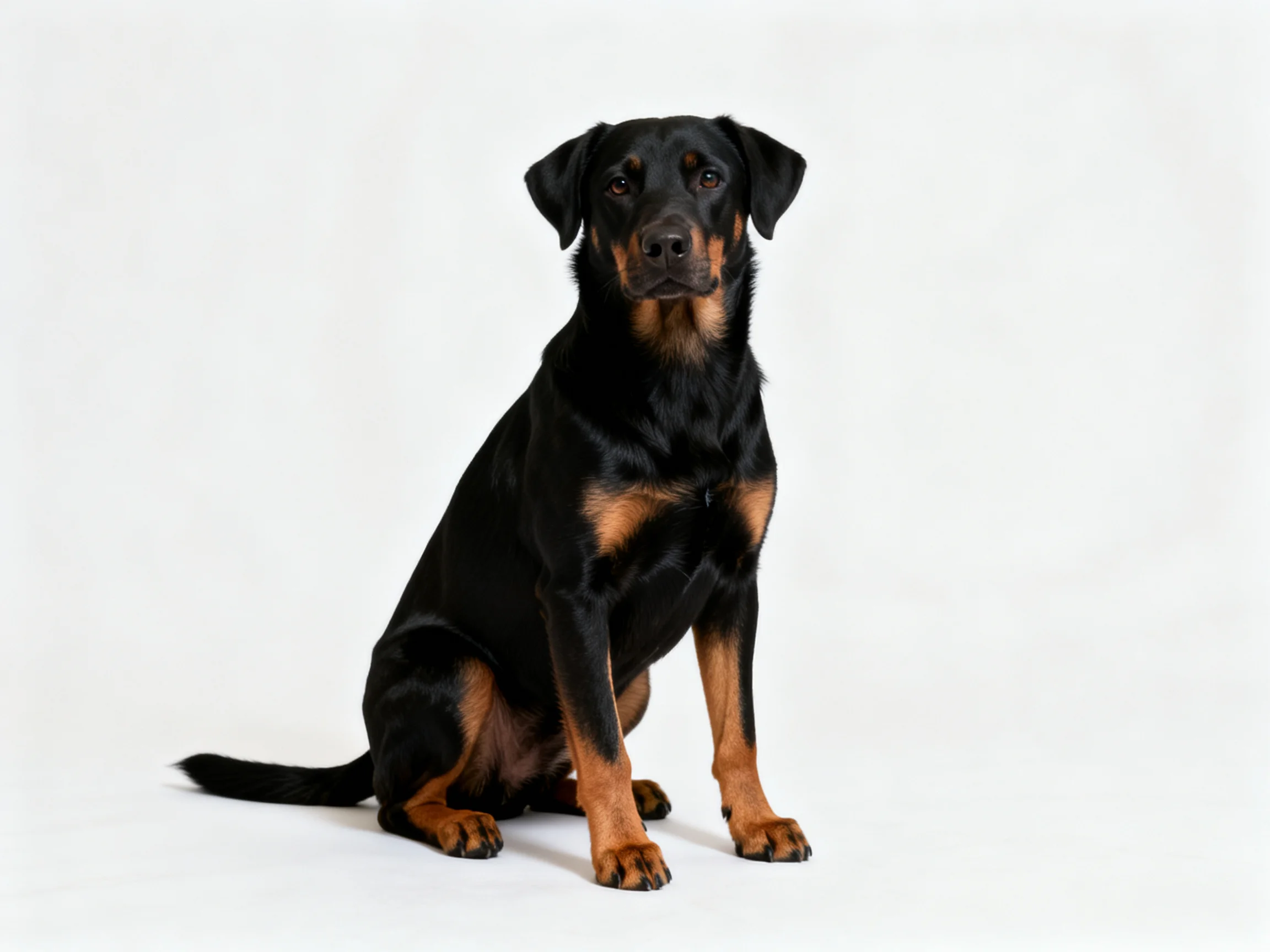 A black and tan dog sits attentively on a plain white backdrop