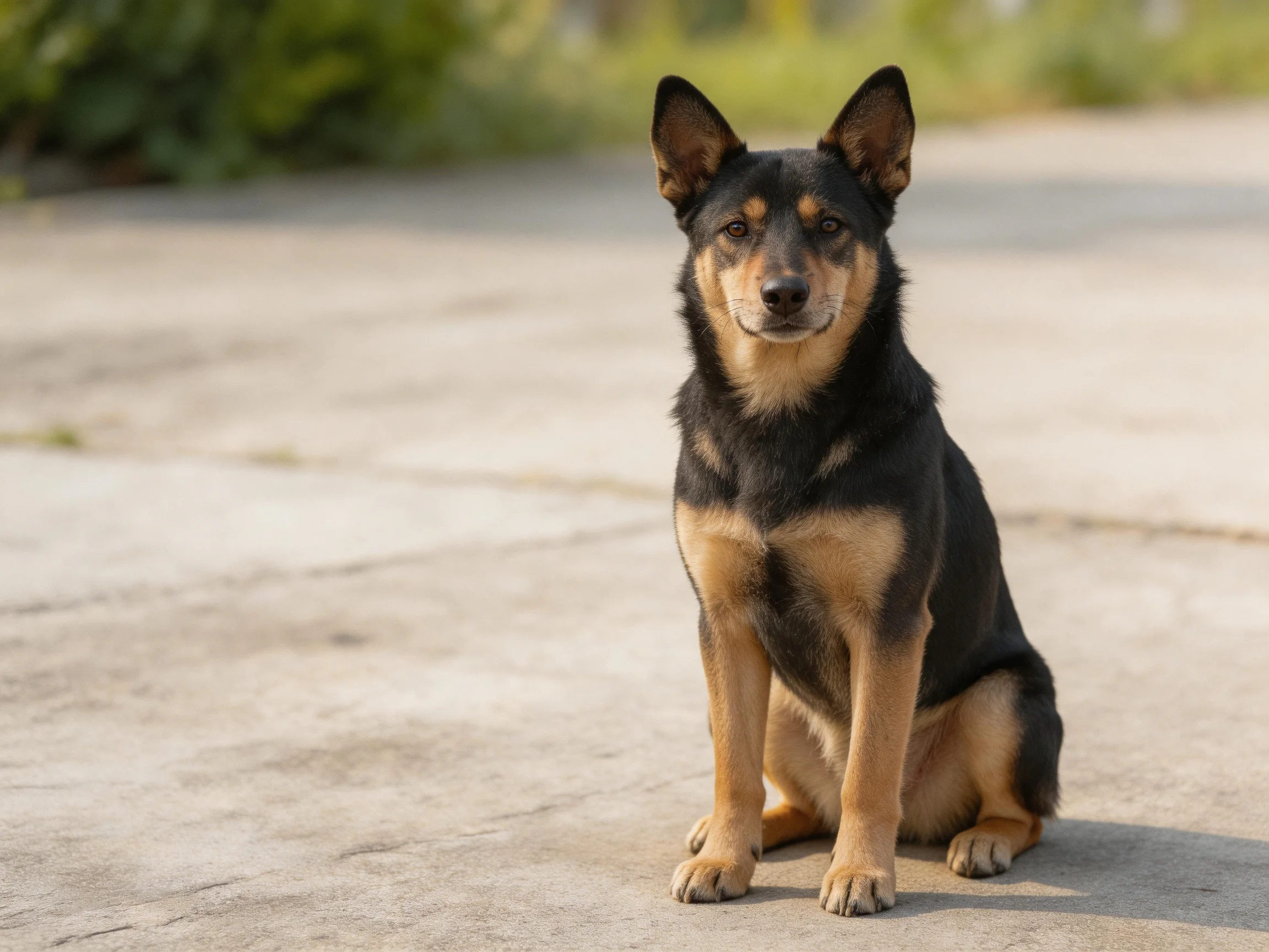 A black and tan dog sits calmly on a smooth concrete area.