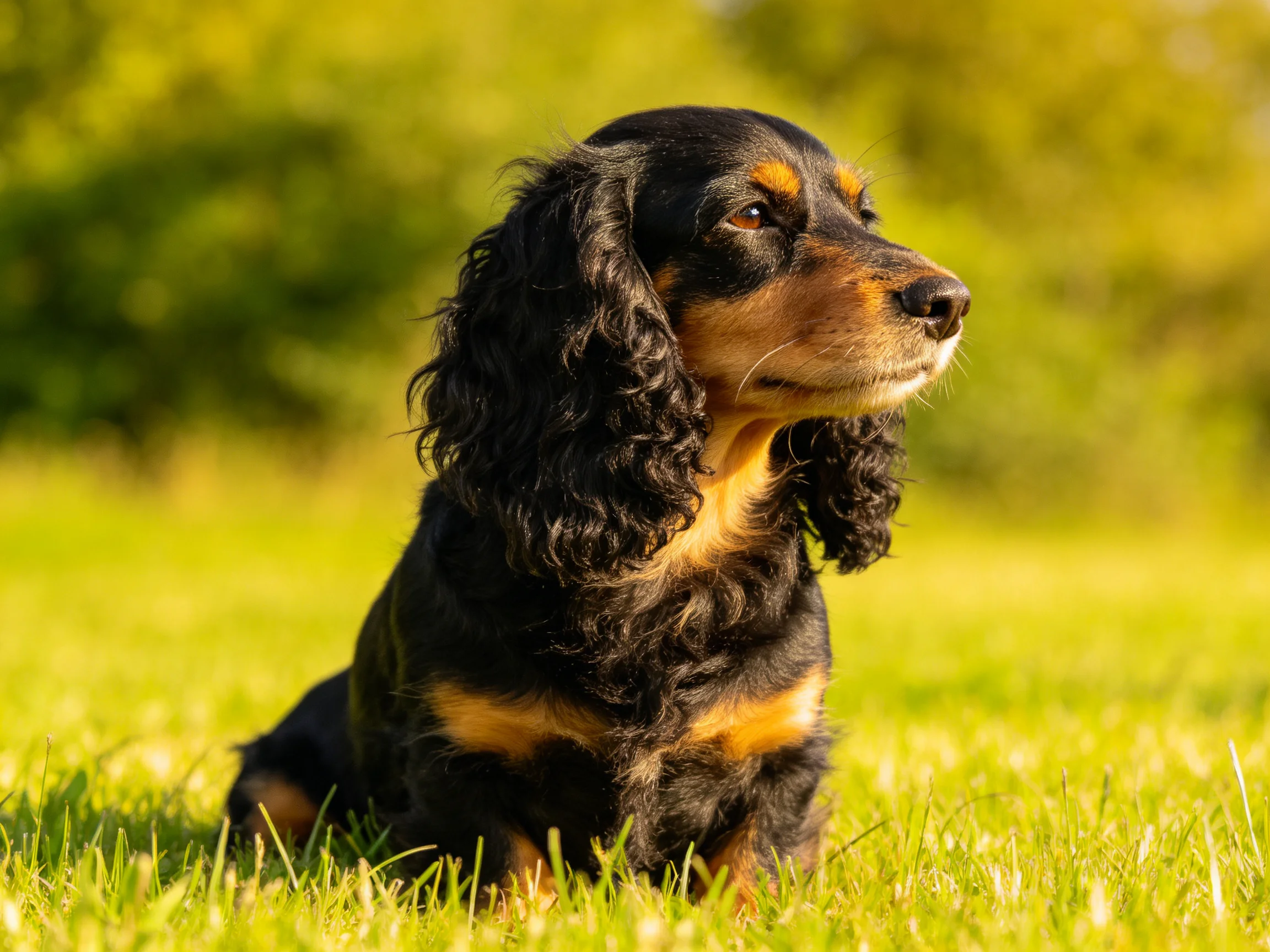 A black and tan dog sits attentively on vibrant green grass