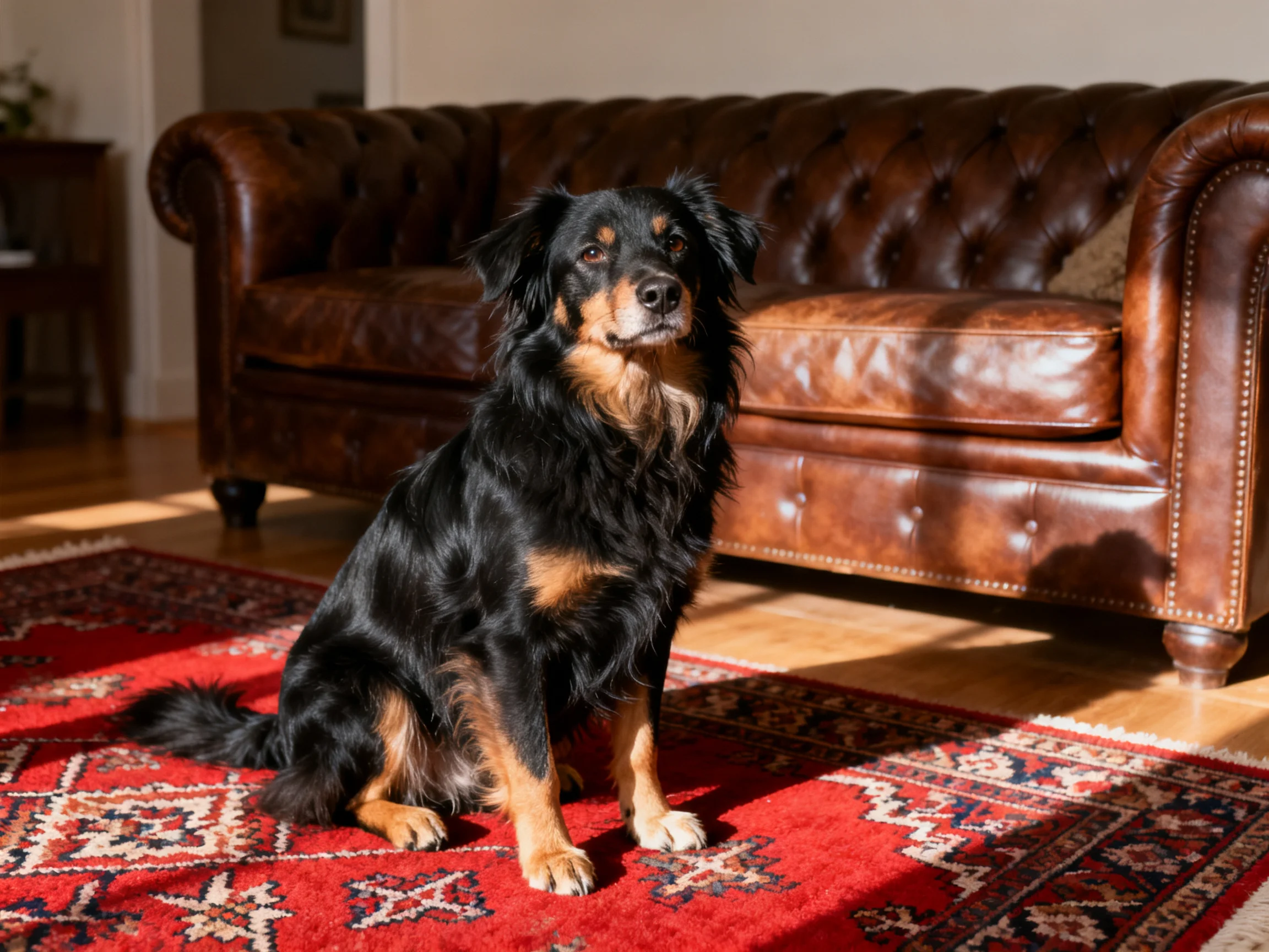 A dog sits on a red rug next to a brown leather sofa.