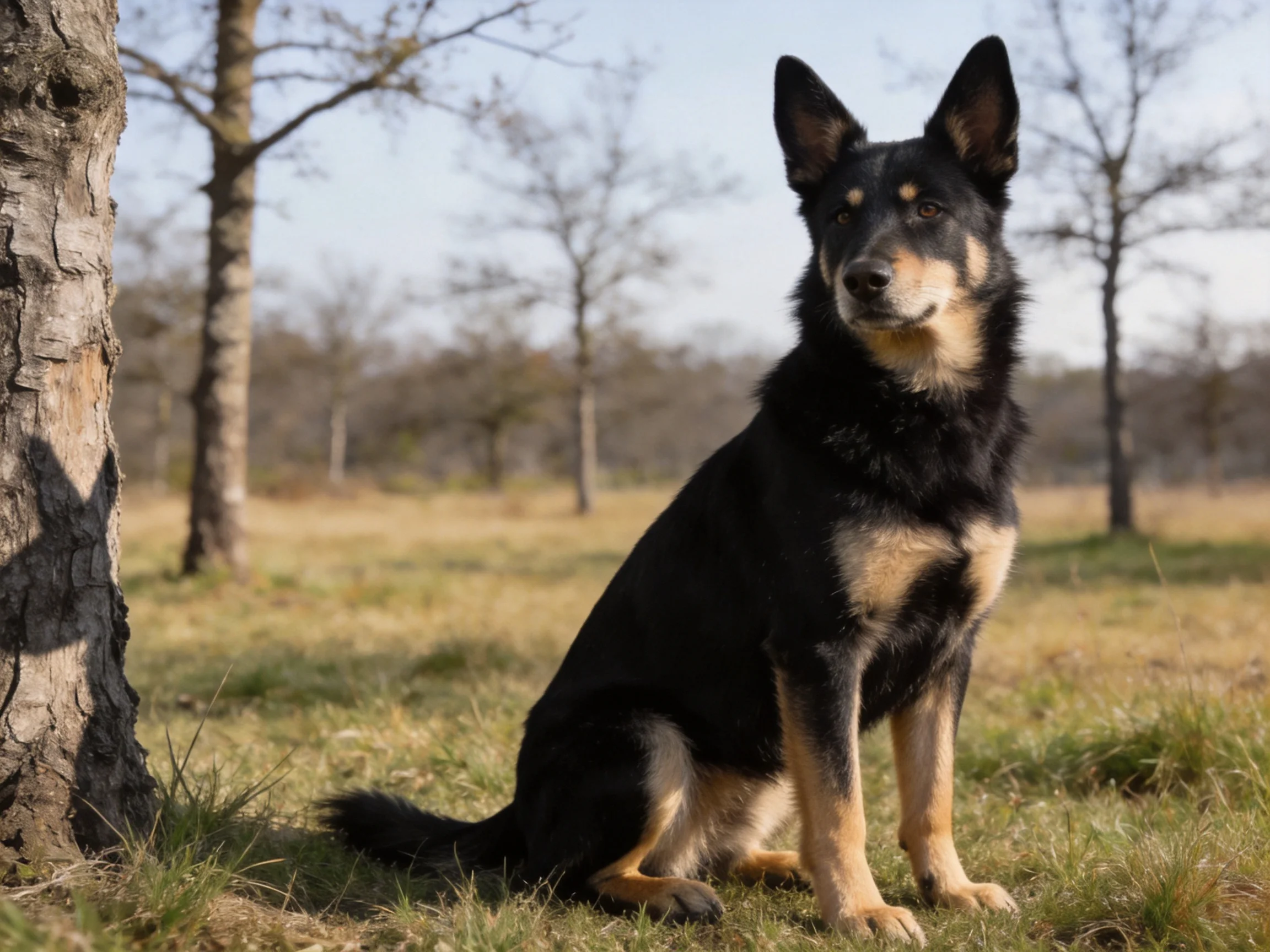 A black and tan dog sits quietly next to a tree in a grassy outdoor area.